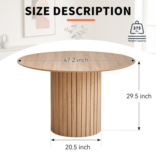 47 inches Modern Round Dining Table, Wood Kitchen Table for 4 with Two-part Tabletop and Wooden Strip Columns Base, Farmhouse Table for Kitchen, Dinning Room, Oak
