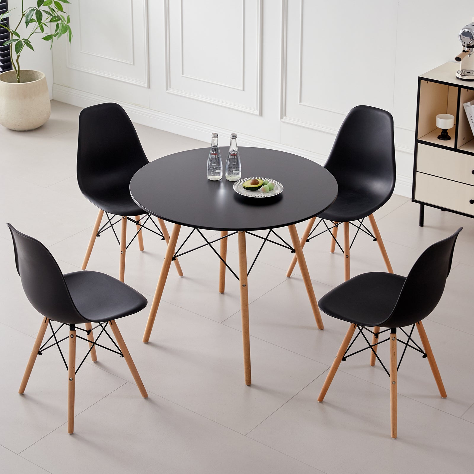 5 Piece 35.5'' Round Dining Table Set for 4, Kitchen Table & Chairs Set of 4, Mid-Century Modern Table W/ 4 Chairs for Home, Living Room, Apartment, Wood Legs, Metal Frame, Black