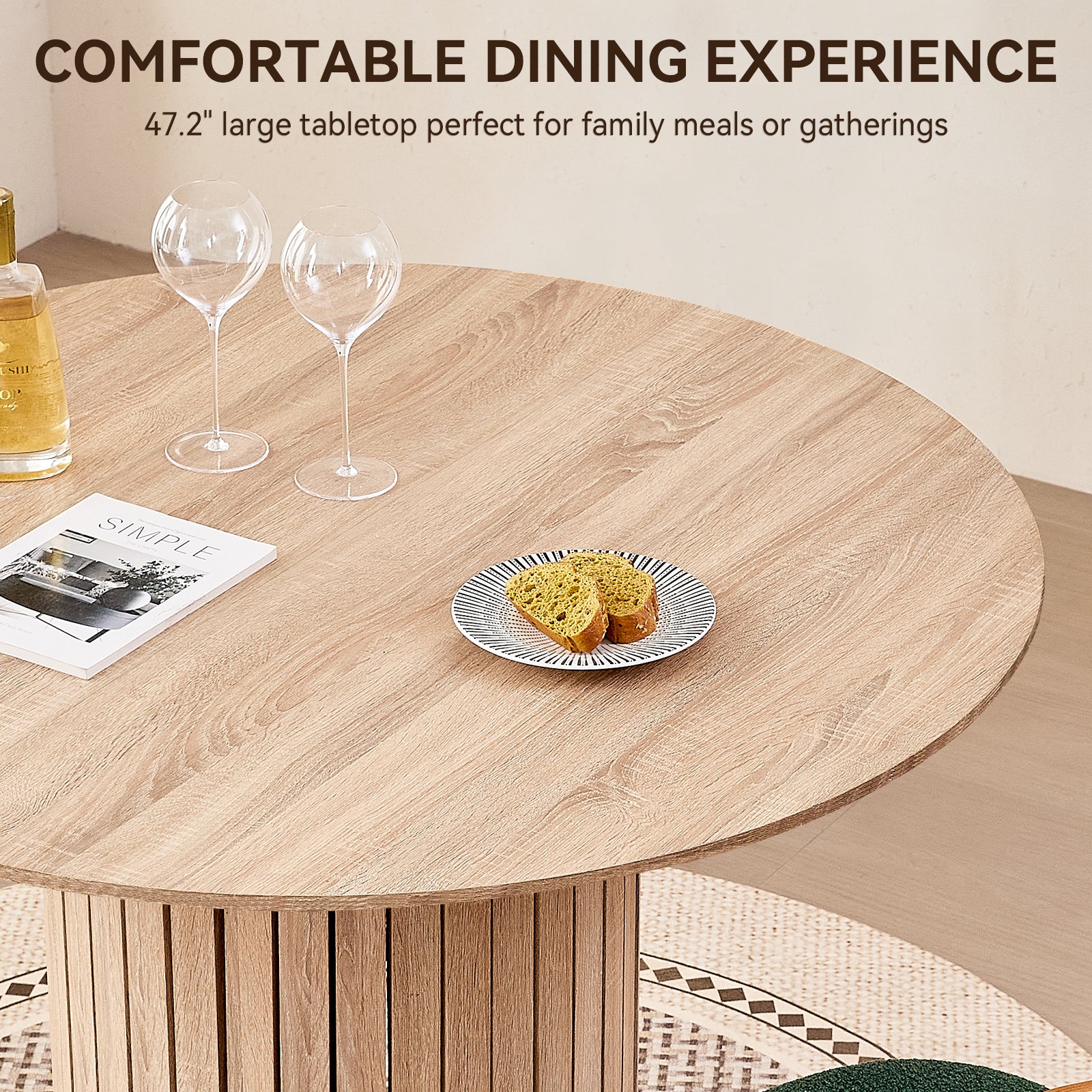 47 inches Modern Round Dining Table, Wood Kitchen Table for 4 with Two-part Tabletop and Wooden Strip Columns Base, Farmhouse Table for Kitchen, Dinning Room, Oak