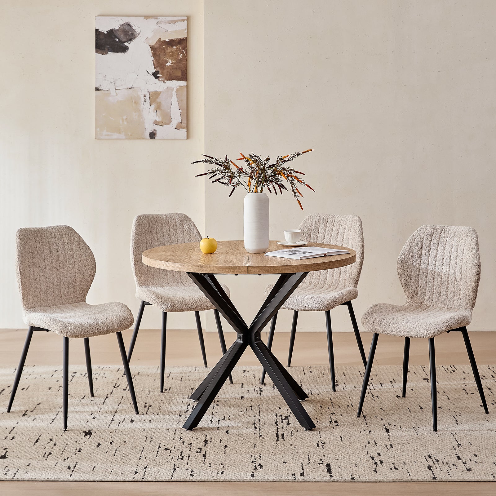 39" Round Dining Table Set for 4, Mid Century Kitchen Table with 4 Beige Upholstered Dining Chairs for Apartment Living Room Space Saving,Natural Table