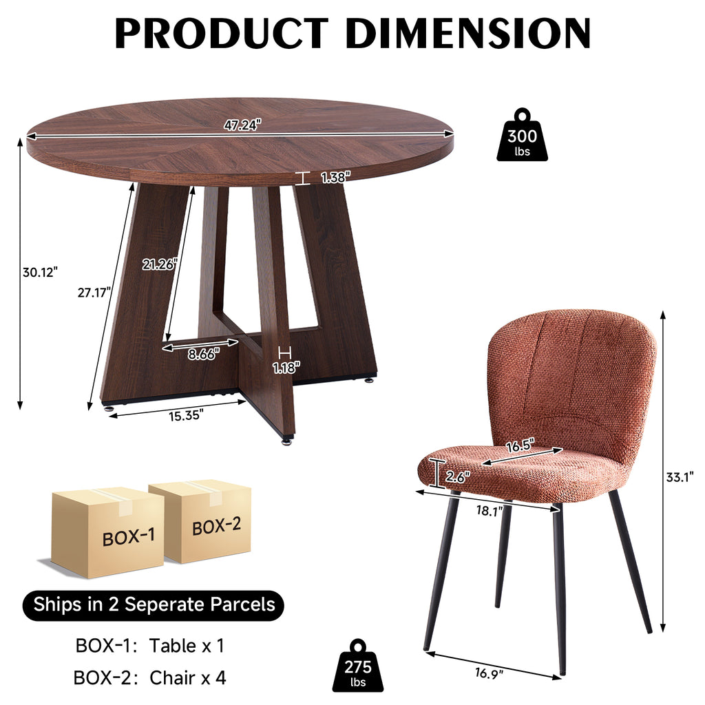5 Piece 47" Round Dining Room Table Set for 4, [Fanned Base] [1.38" Thick Top] Wood Kitchen Table with 4 Orange Chenille Dining Chairs