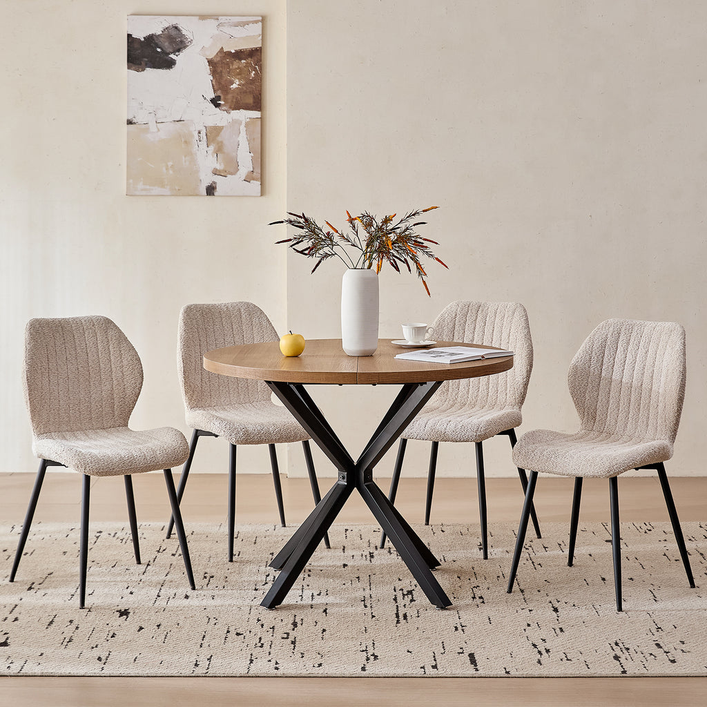 39" Round Dining Table Set for 4, Mid Century Kitchen Table with 4 Beige Upholstered Dining Chairs for Apartment Living Room Space Saving,Brown Table