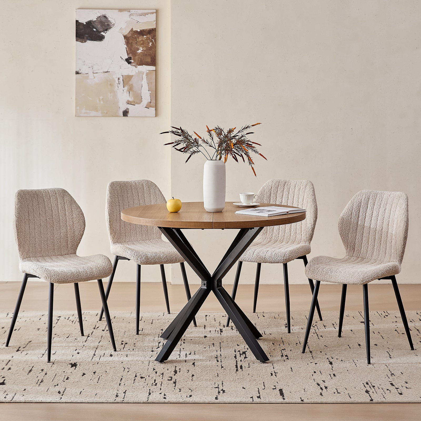 39" Round Dining Table Set for 4, Mid Century Kitchen Table with 4 Beige Upholstered Dining Chairs for Apartment Living Room Space Saving,Brown Table