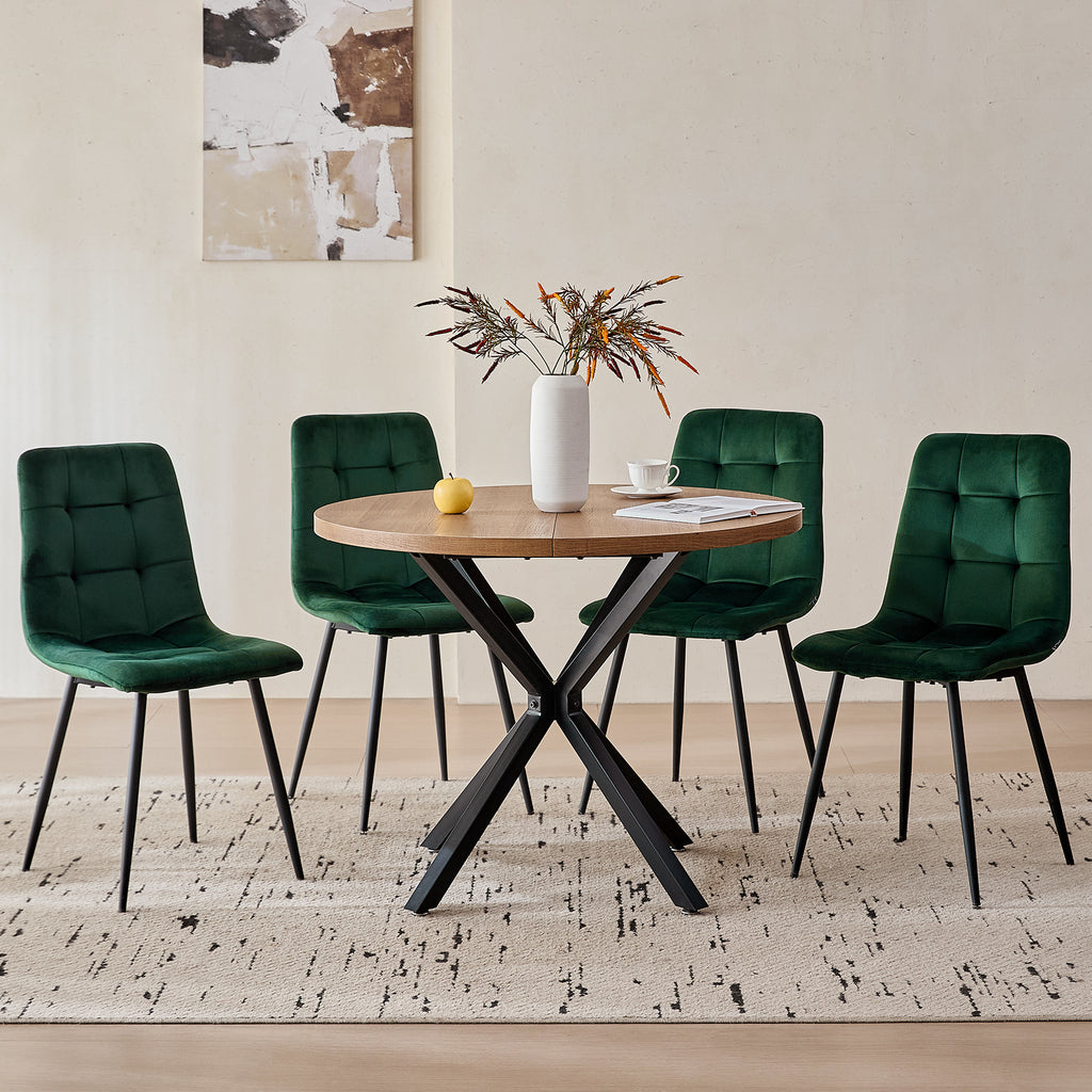 5 Pieces Round Dining Table Set - Mid-Century Modern Brown Dinner Table with 4 Green Velvet Chairs Set, Coffee Table & Chair with Black Metal Legs for Kitchen Dining Room, Apartment