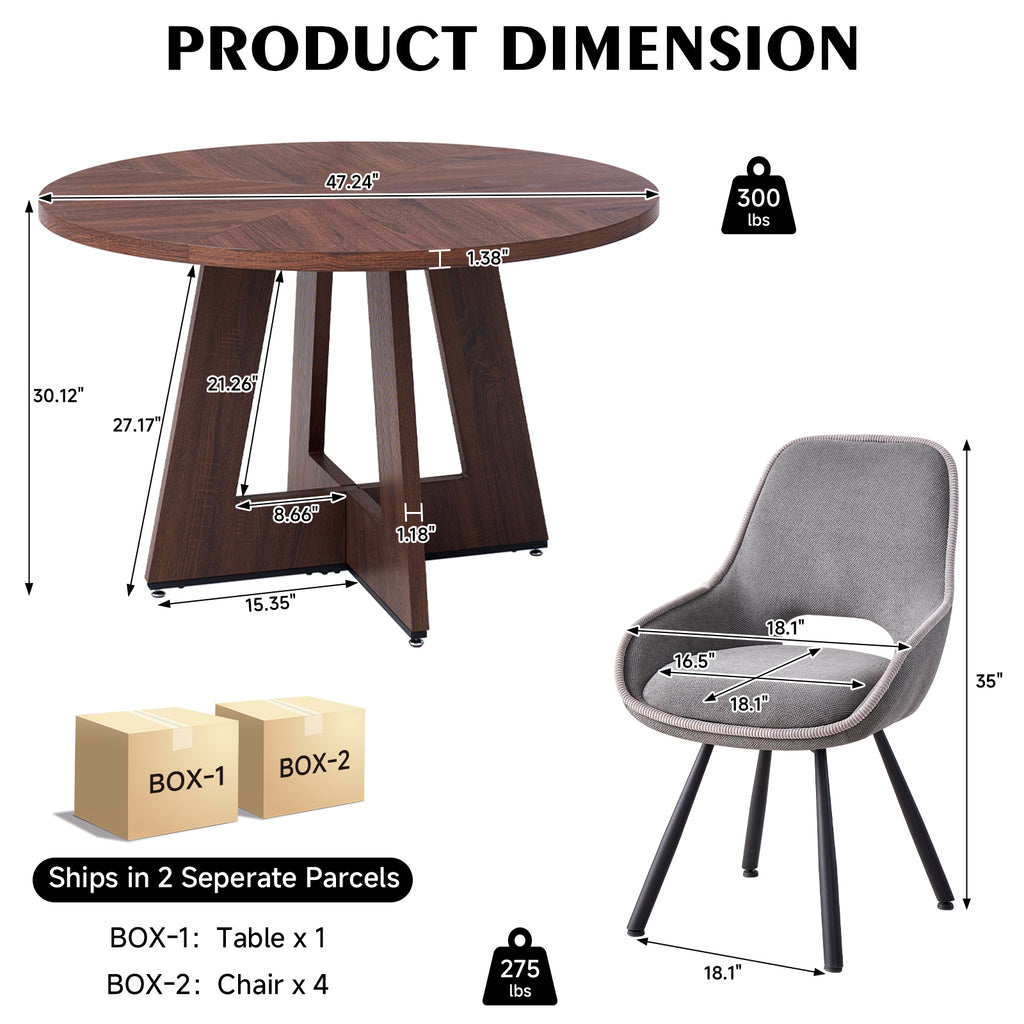 5 Piece 47" Round Dining Table Set for 4, [Fanned Base] [1.38" Thick Top] Wood Kitchen Table with 4 Swivel Dining Chairs, Grey