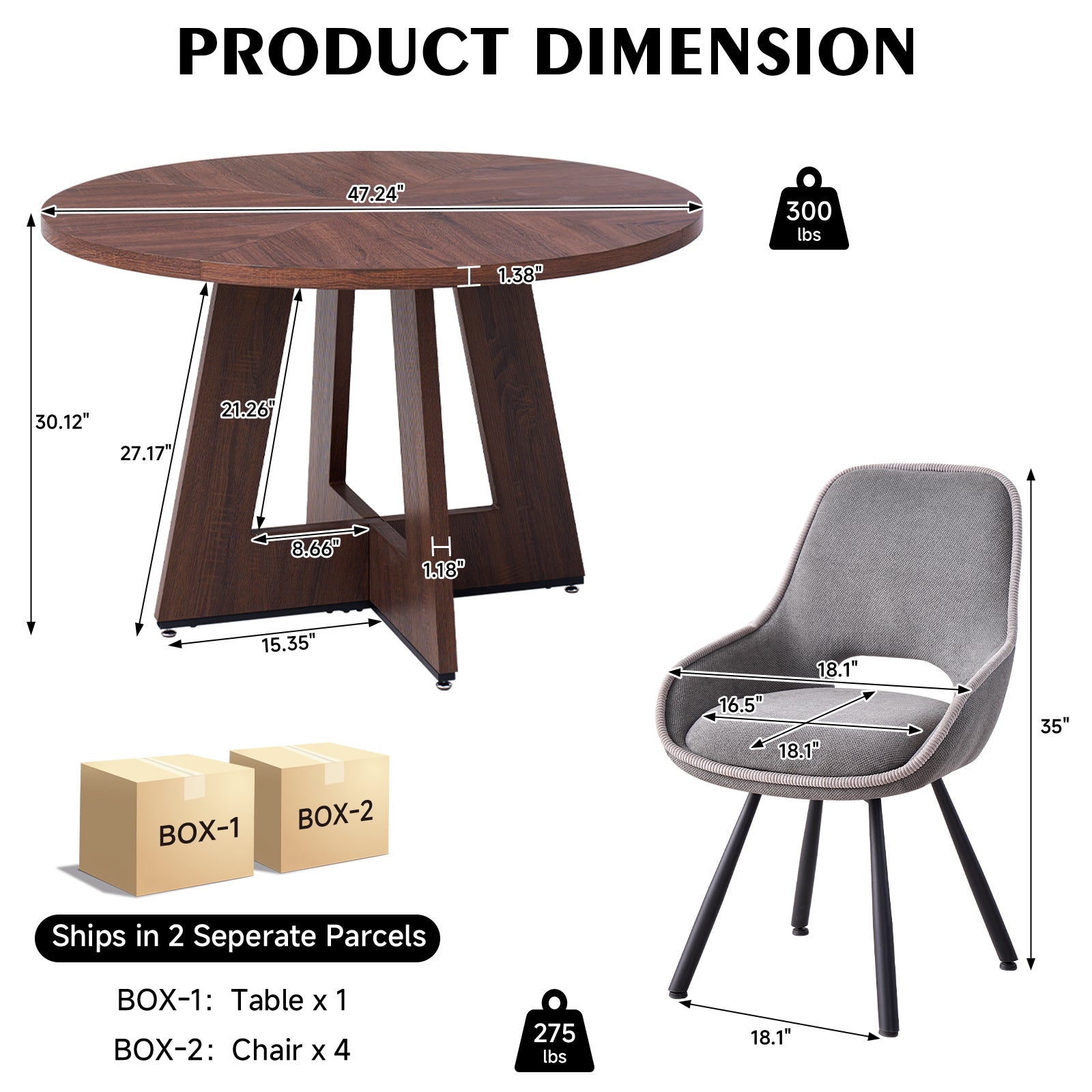 5 Piece 47" Round Dining Table Set for 4, [Fanned Base] [1.38" Thick Top] Wood Kitchen Table with 4 Swivel Dining Chairs, Grey