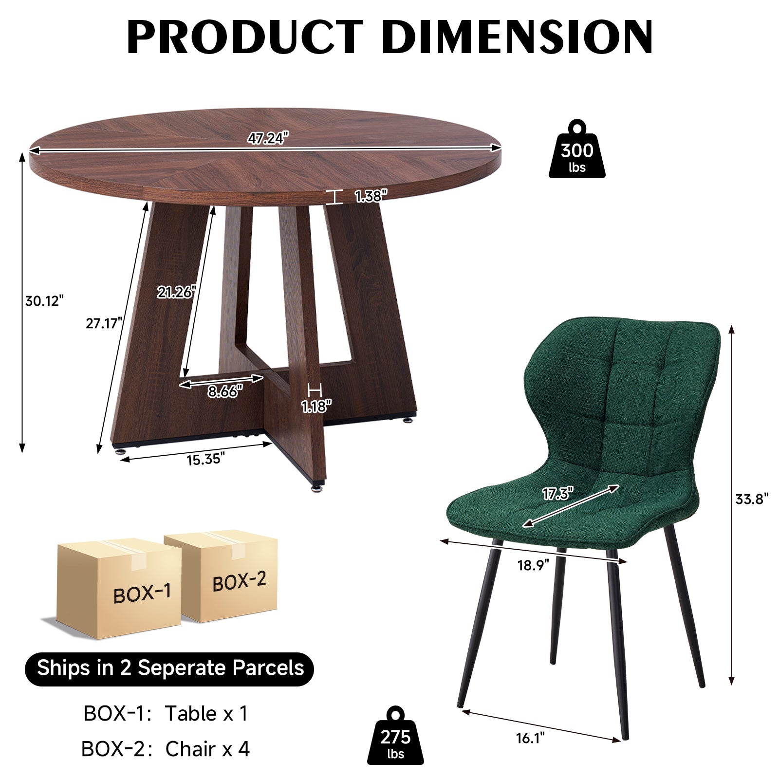 5 Piece 47'' Round Dining Table Chairs Set for 4, Farmhouse Walnut Kitchen Table and Chairs Mid Century Modern Wood Dining Table with 4 Water-Resistant Fabric Dining Chairs, Green