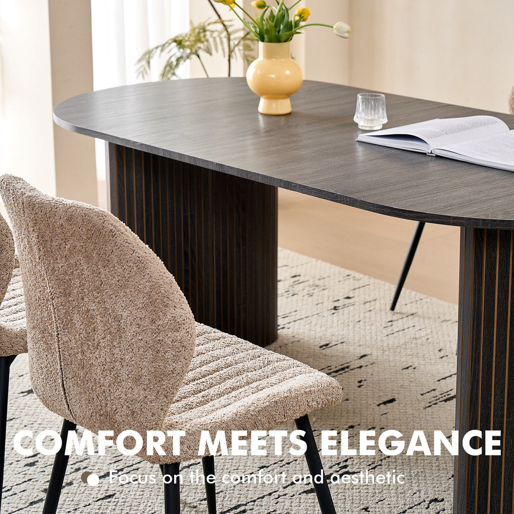 71" Large Dining Table Set for 4, Rounded Corners Farmhouse Modern Rectangle Wood Kitchen Table with Boucle Chairs Set of 4