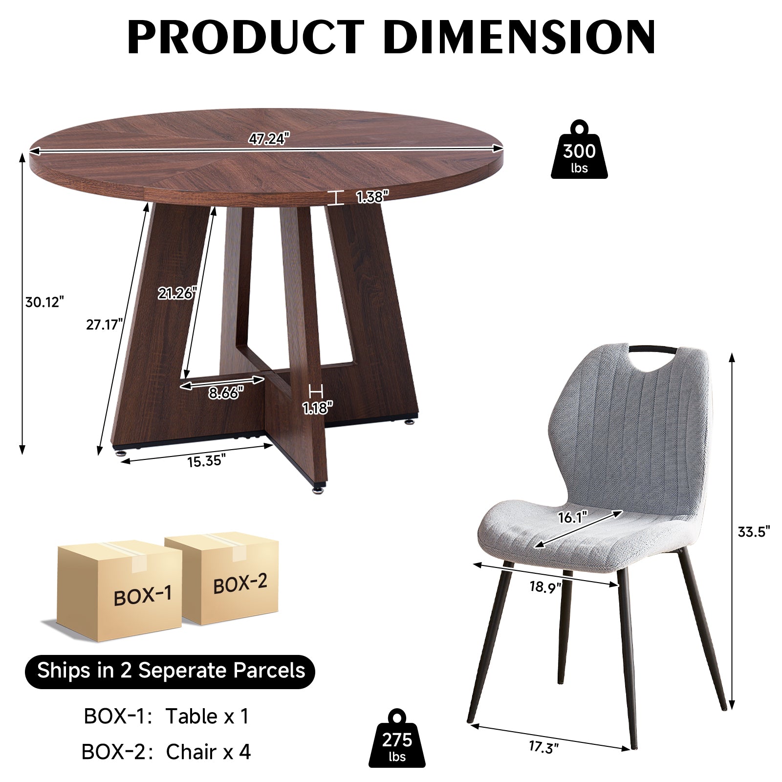 5 Piece 47'' Round Dining Table Chairs Set for 4, Farmhouse Walnut Kitchen Table with 4 Scandi Mid Century Modern Dinning Room Chairs, Wood Dinner Table &Upholstered Fabric Chairs Set of 4, Grey