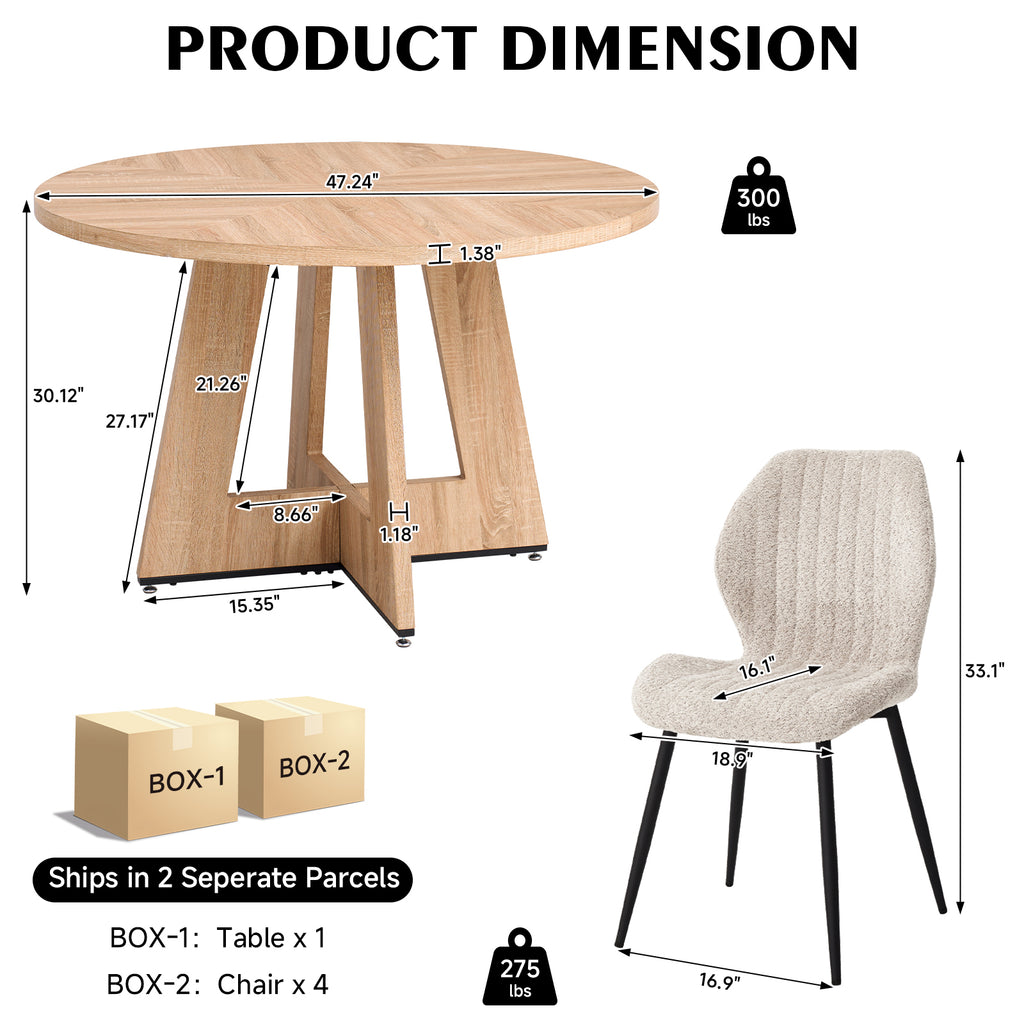 5 Piece 47'' Round Dining Table Chairs Set for 4, Farmhouse Oak Kitchen Table with 4 Boucle Mid Century Modern Dinning Room Chairs, Wood Dinner Table &Upholstered Chair Set of 4, Beige