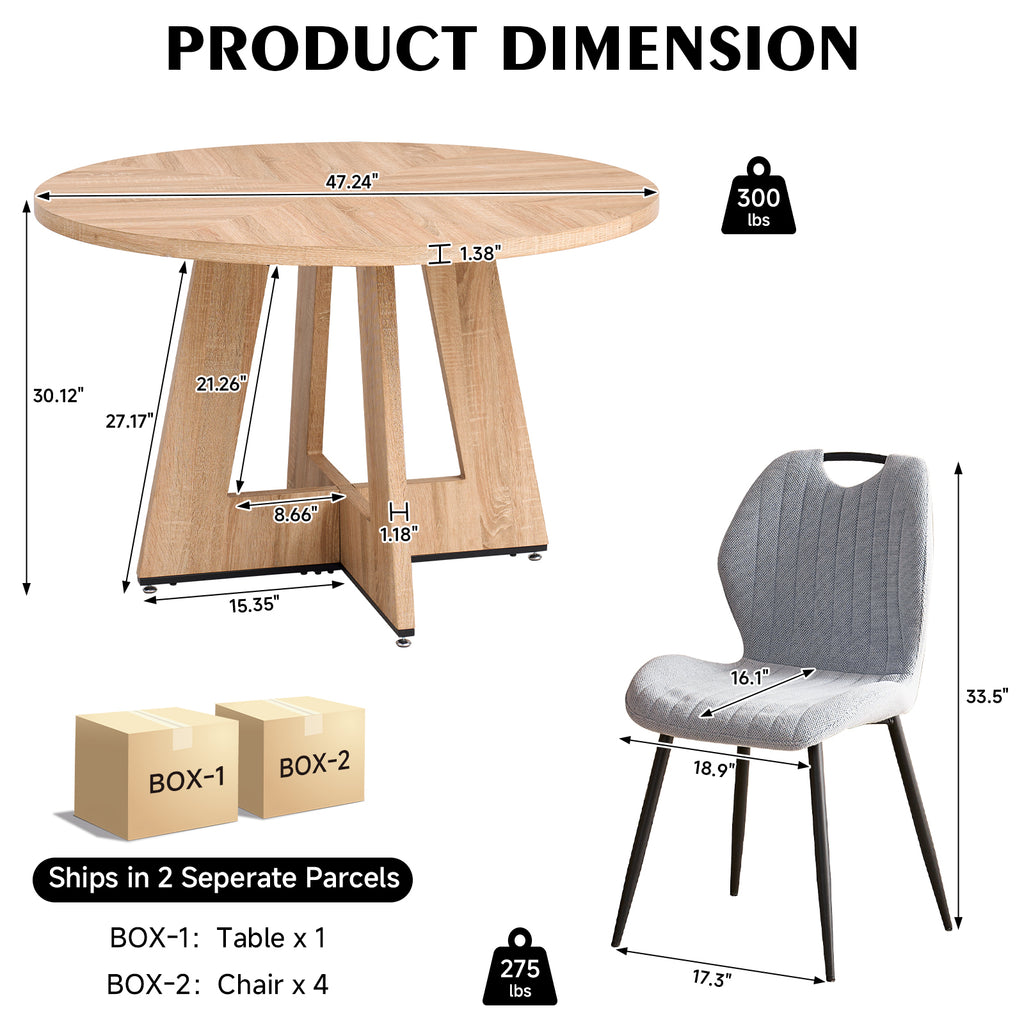 5 Piece 47'' Round Dining Table Chairs Set for 4, Farmhouse Oak Kitchen Table with 4 Scandi Mid Century Modern Dinning Room Chairs, Wood Dinner Table &Upholstered Fabric Chairs Set of 4, Gray