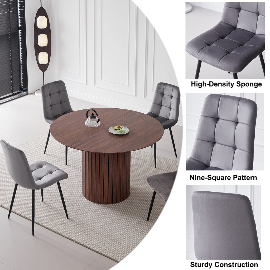 5 Piece Round Dining Table Set - Mid-Century 47 inch Brown Dining Table with 4 Gray Velvet Chairs Set, Dinner Table & Chair with Metal Legs for Kitchen Dining Room, Apartment, Bedroom