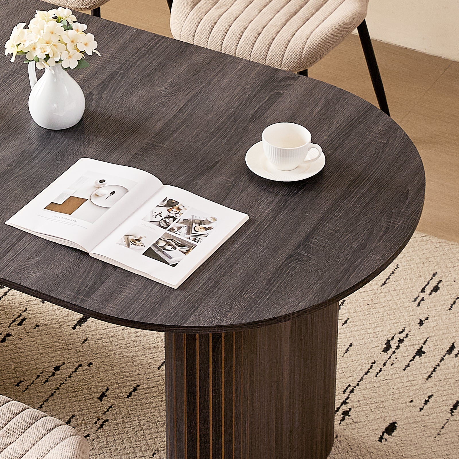 71" Large Dining Table Set for 4, Rounded Corners Farmhouse Modern Rectangle Wood Kitchen Table with Fabric Wingback Dining Chairs for Living Room Apartment Waiting Room