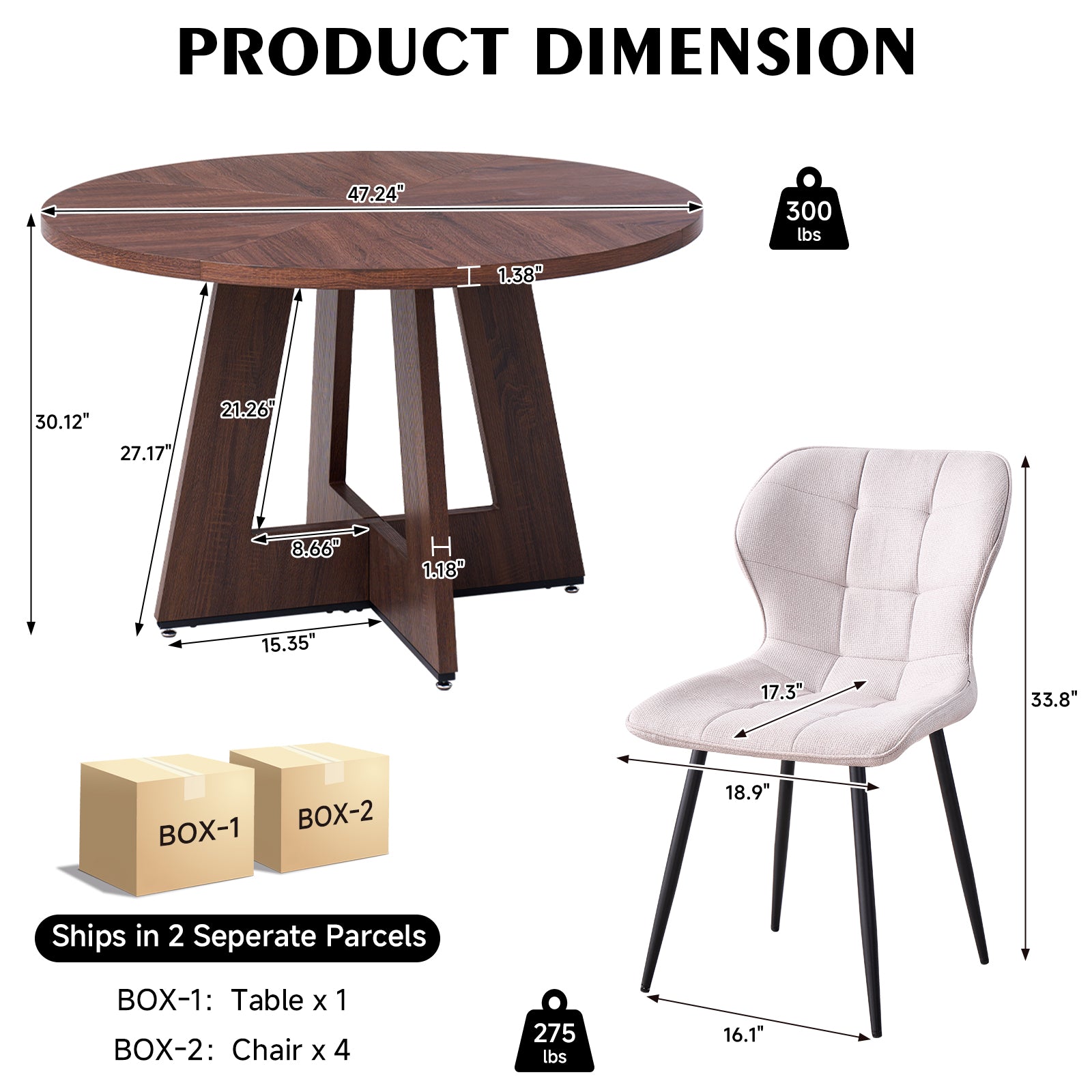 5 Piece 47'' Round Dining Table Chairs Set for 4, Farmhouse Walnut Kitchen Table and Chairs Mid Century Modern Wood Dining Table with 4 Water-Resistant Fabric Dining Chairs, White