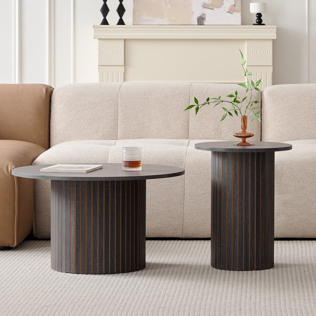Round Nesting Coffee Tables Set of 2, Boho Wood Circle Side Table with Fluted Drum Design, Farmhouse End Table for Living Room Bedroom Apartment, Black