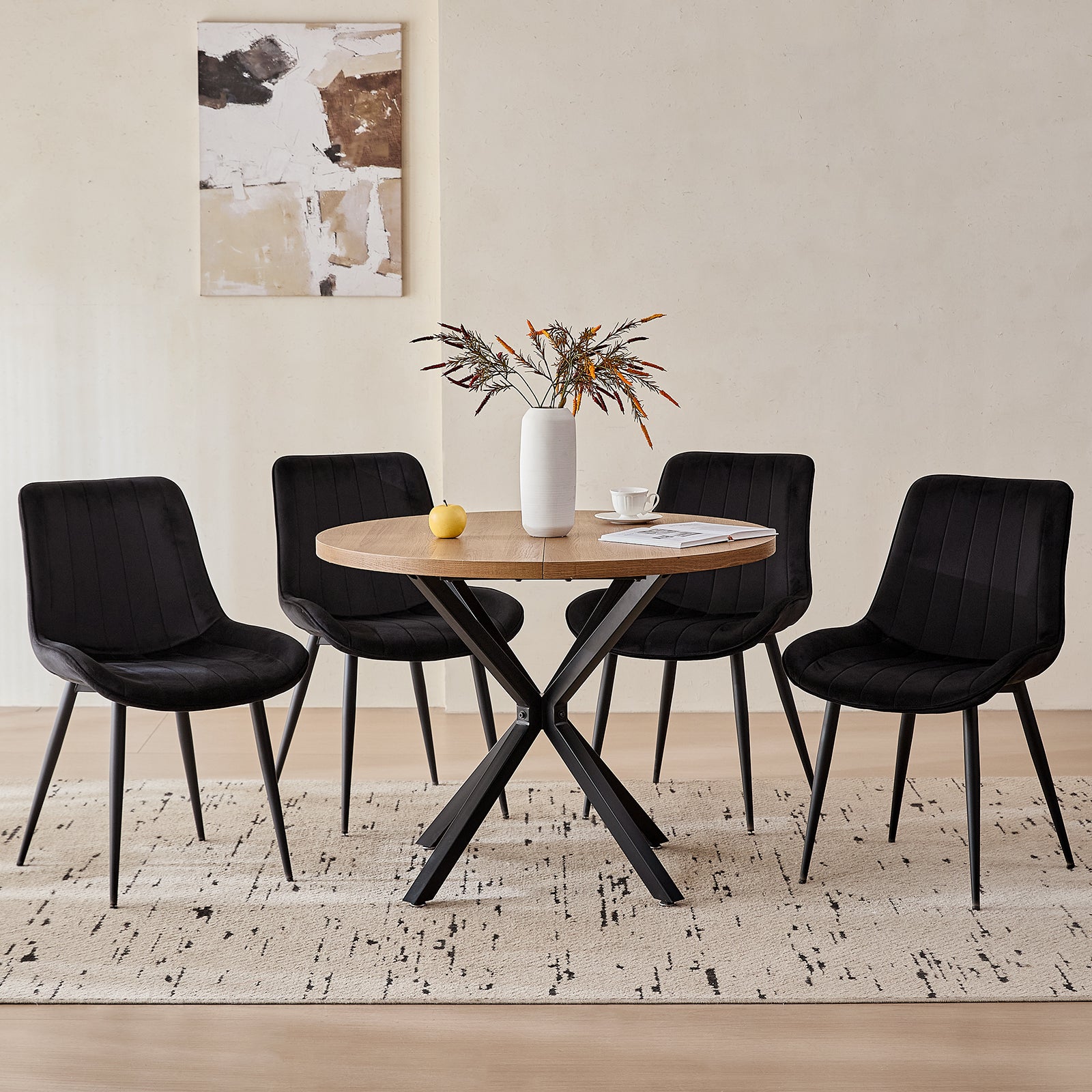 39" Round Dining Table Set for 4, Mid Century Kitchen Table with 4 Black Upholstered Dining Chairs for Apartment Living Room Space Saving,Brown Table