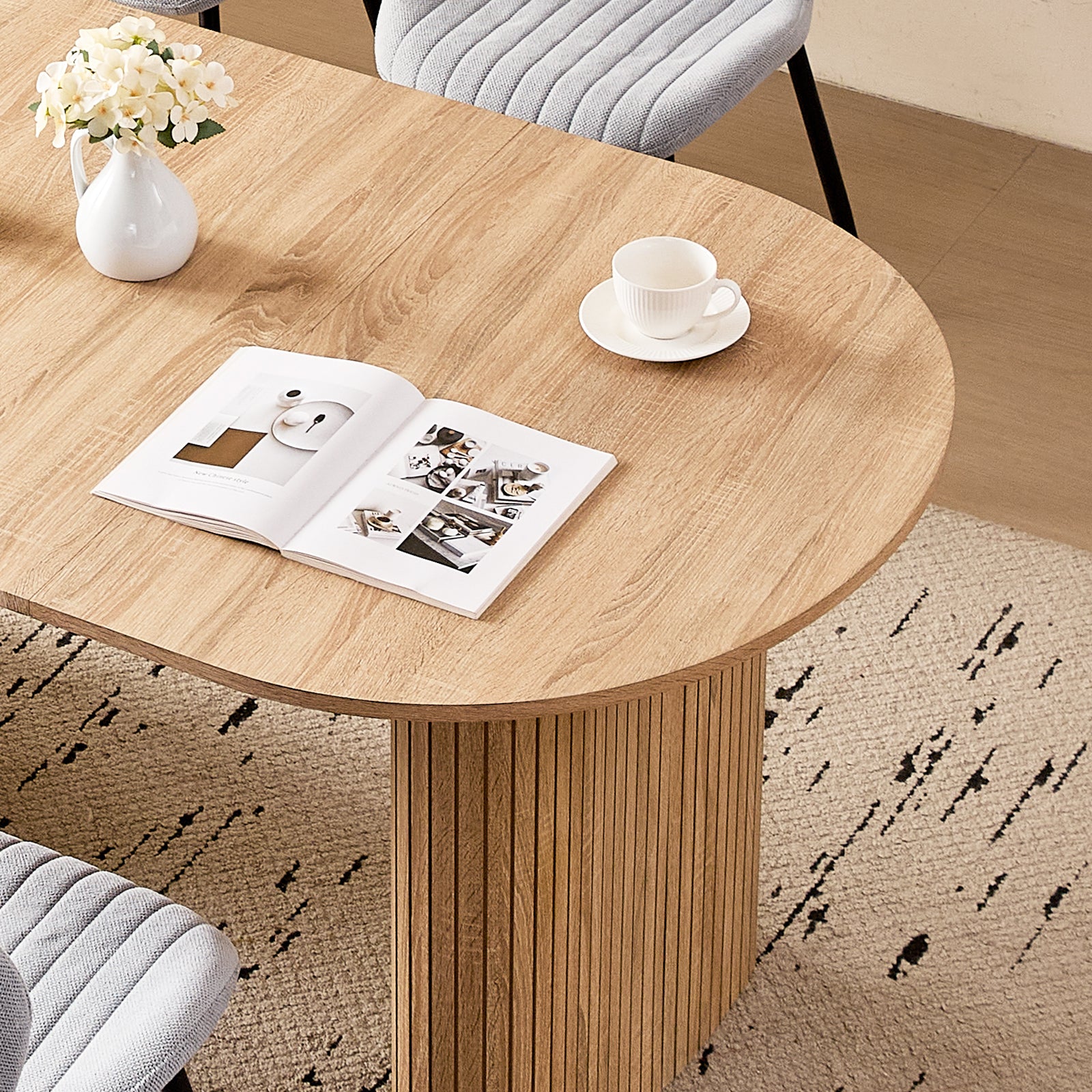 71" Large Dining Table Set for 4, Rounded Corners Farmhouse Modern Rectangle Wood Kitchen Table with Fabric Wingback Dining Chairs for Living Room Apartment Waiting Room