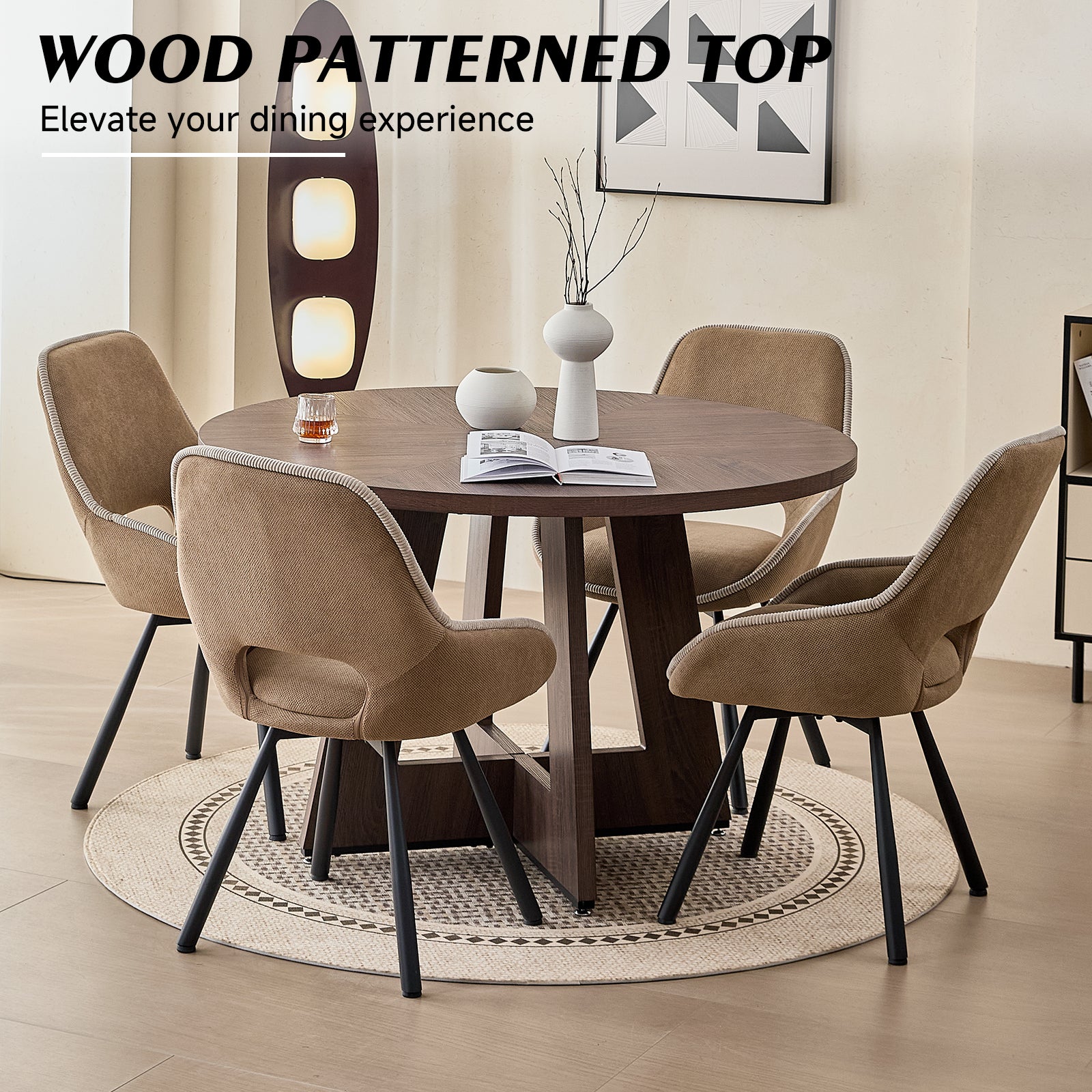 5 Piece 47" Round Dining Table Set for 4, [Fanned Base] [1.38" Thick Top] Wood Kitchen Table with 4 Swivel Dining Chairs, Brown