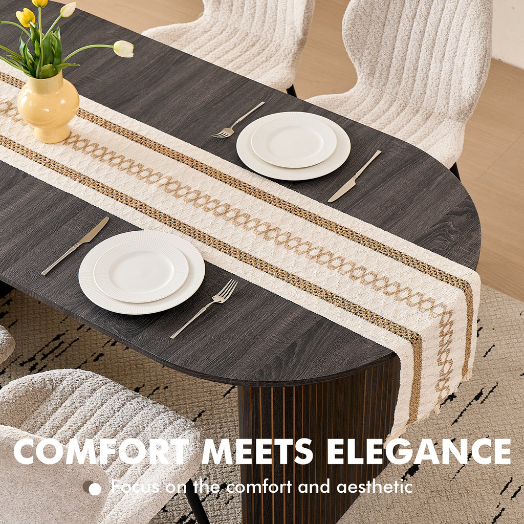 71" Large Dining Table Set for 4, Rounded Corners Farmhouse Modern Rectangle Wood Kitchen Table with Boucle Chairs Set of 4