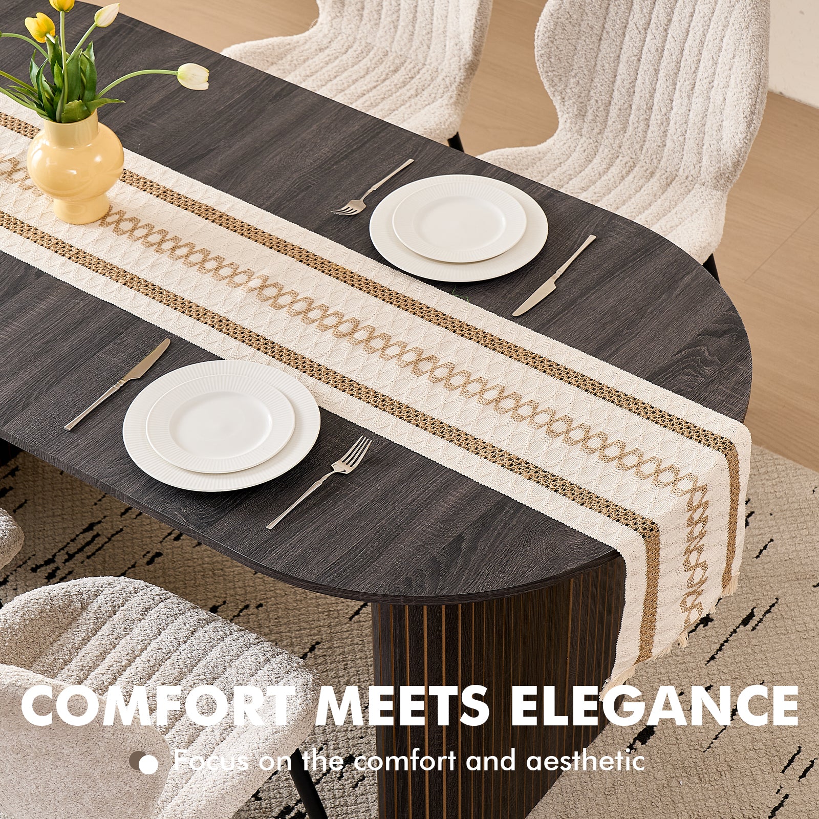 71" Large Dining Table Set for 4, Rounded Corners Farmhouse Modern Rectangle Wood Kitchen Table with Boucle Chairs Set of 4