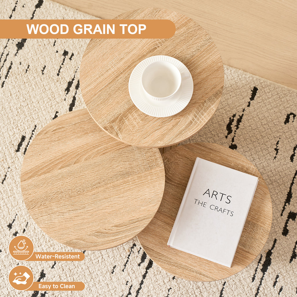 3-Piece Nesting Coffee Table Set, Modern Small Round Wood Side Tables, Fluted Drum Base, for Living Room, Bedroom, Apartment, Small Space, Sofa, Natural