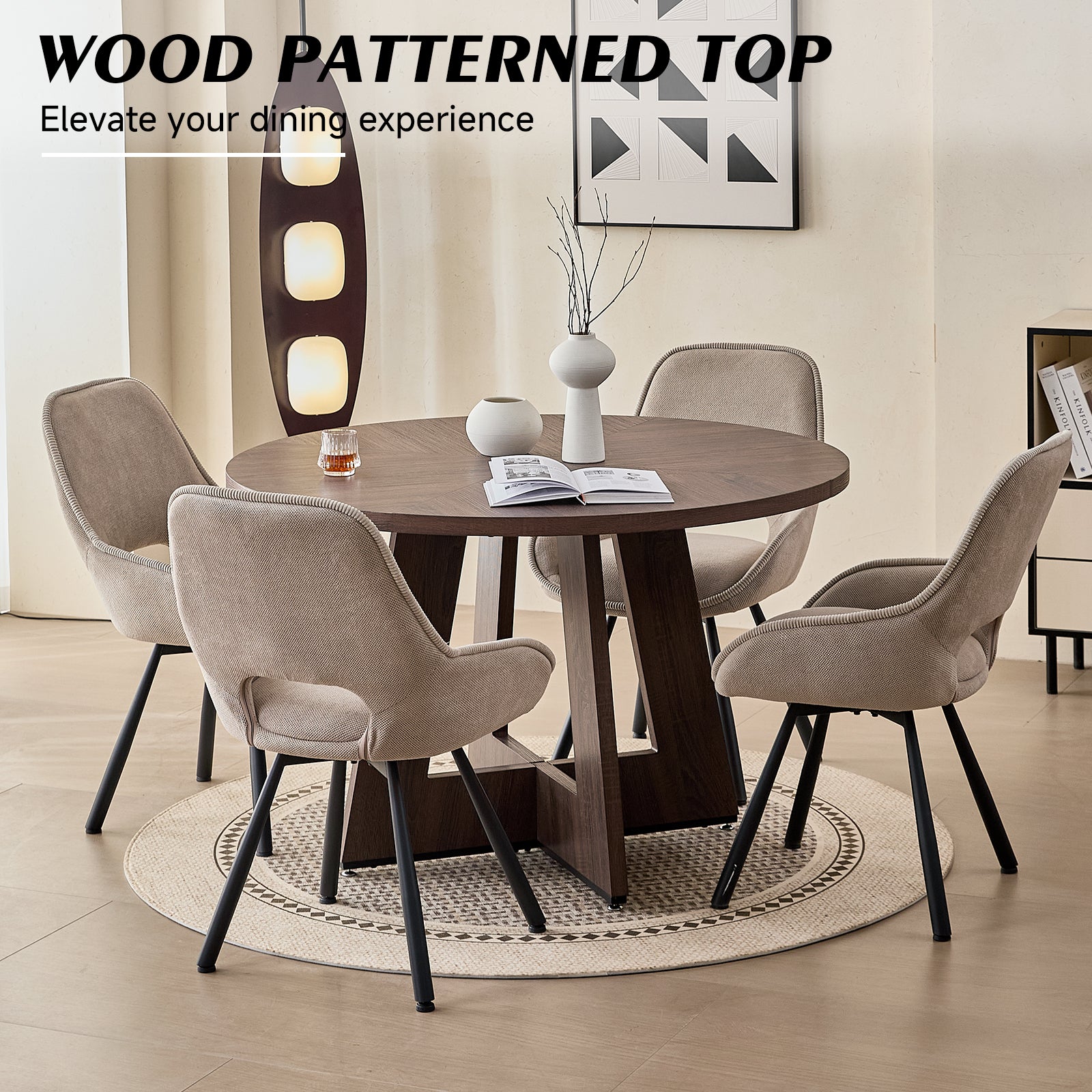 5 Piece 47" Round Dining Table Set for 4, [Fanned Base] [1.38" Thick Top] Wood Kitchen Table with 4 Swivel Dining Chairs, Beige