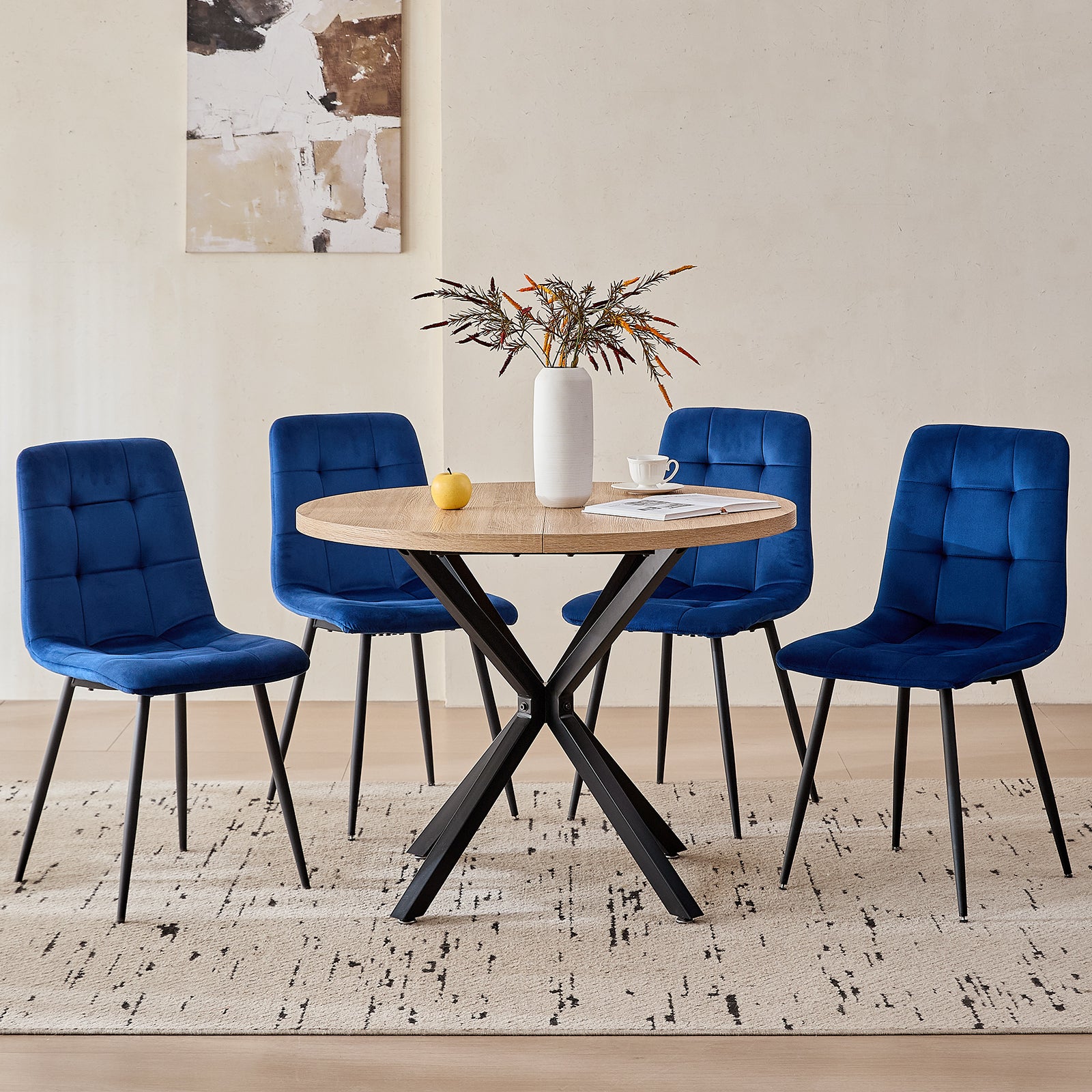 5 Piece Round Dining Table Chairs Set for 4 - Mid-Century Modern Oak Kitchen Table with 4 Blue Velvet Chairs, Coffee Table & Chair with Black Metal Legs for Dining Living Room, Apartment