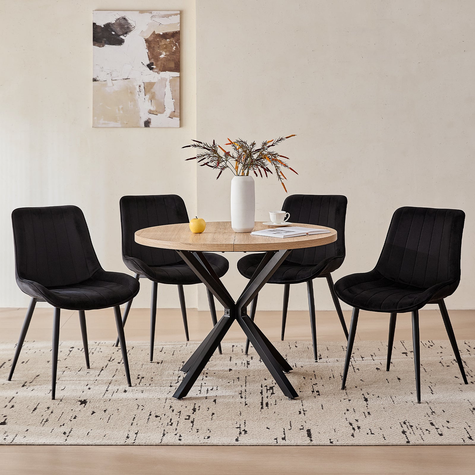 39" Round Dining Table Set for 4, Mid Century Kitchen Table with 4 Black Upholstered Dining Chairs for Apartment Living Room Space Saving,Natural Table