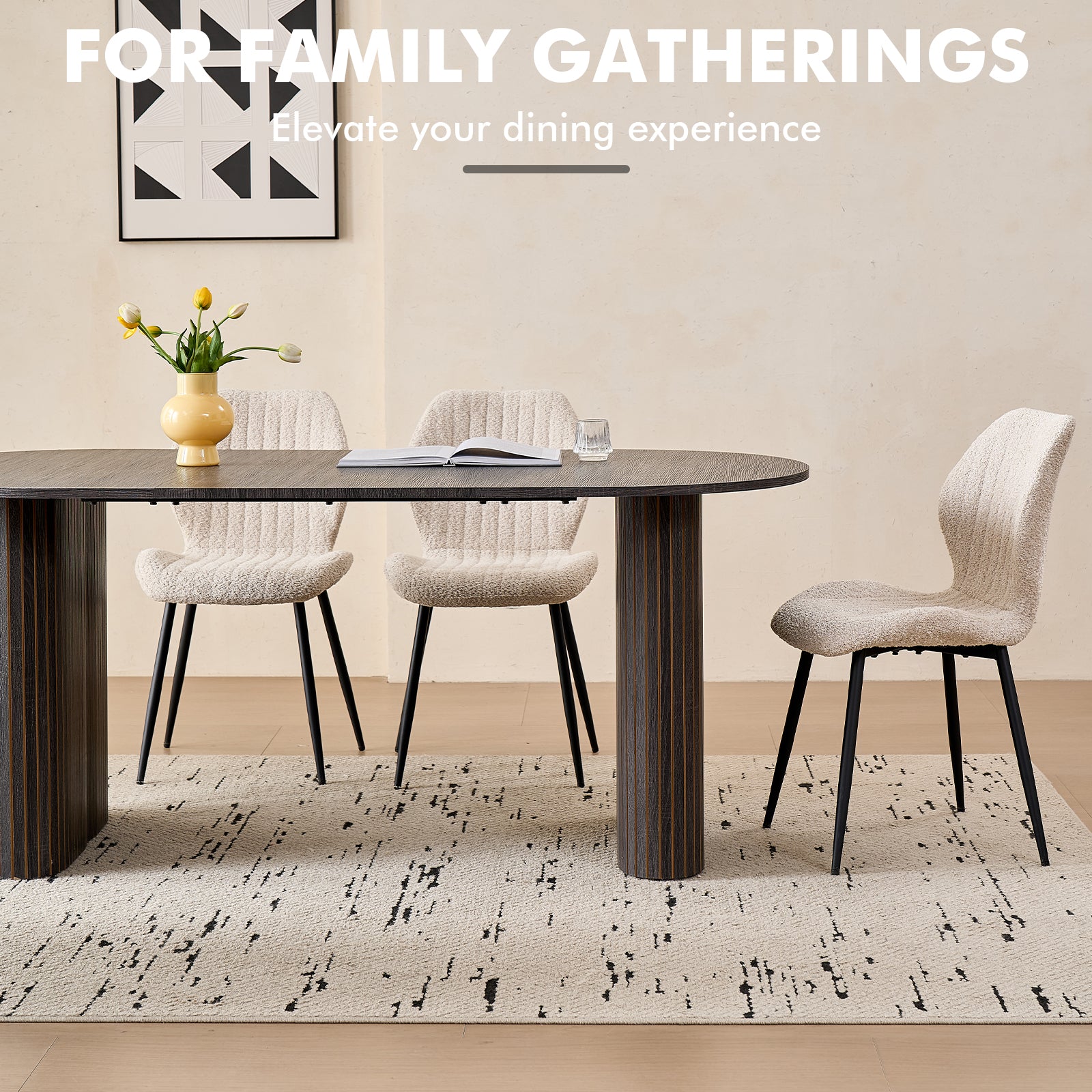 71" Large Dining Table Set for 4, Rounded Corners Farmhouse Modern Rectangle Wood Kitchen Table with Boucle Chairs Set of 4