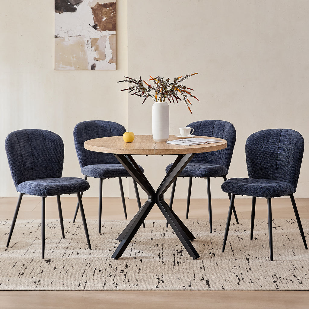 39" Round Dining Table Set for 4, Mid Century Kitchen Table with 4 Upholstered Accent Chenille Dining Chairs for Apartment Living Room, Space Saving, Blue