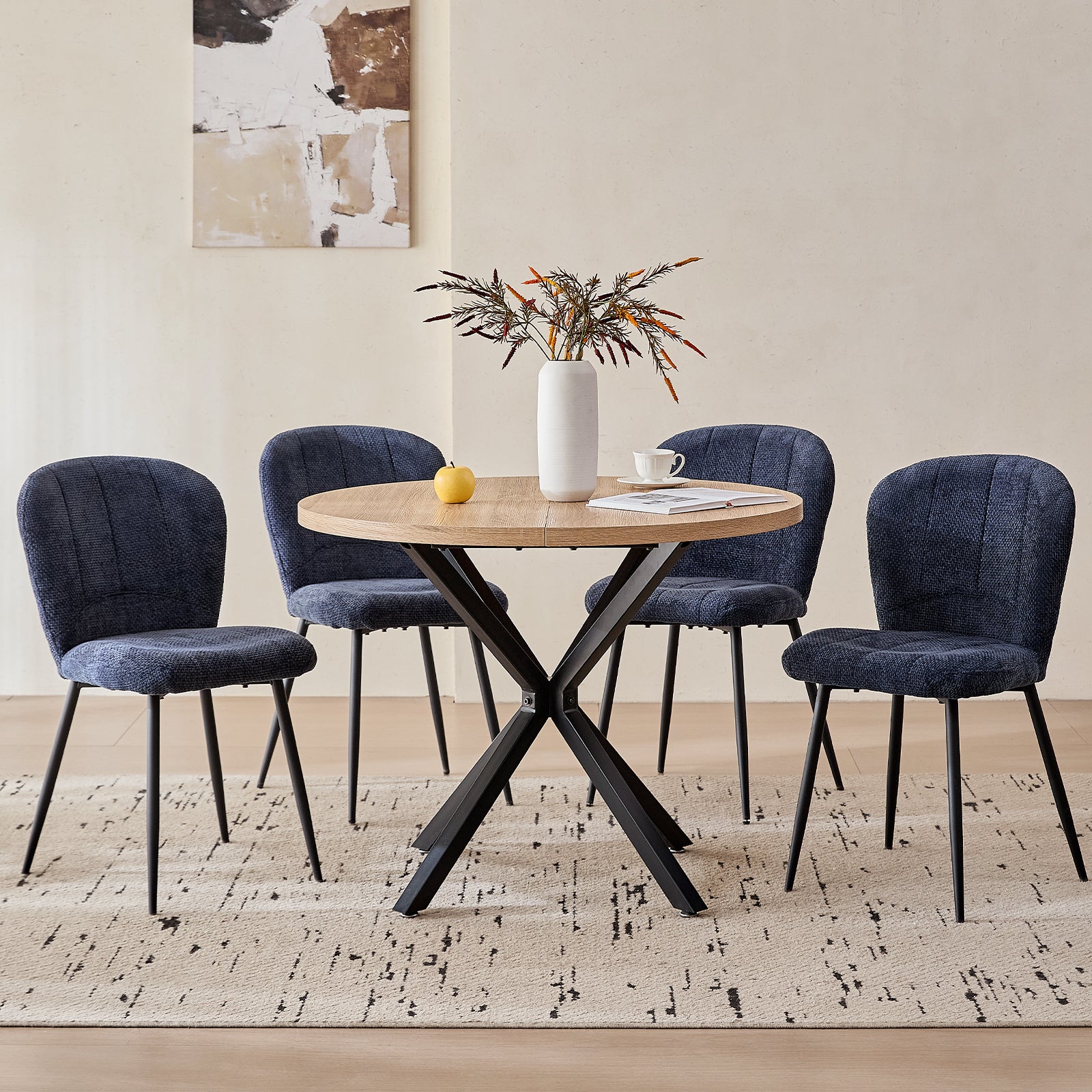 39" Round Dining Table Set for 4, Mid Century Kitchen Table with 4 Upholstered Accent Chenille Dining Chairs for Apartment Living Room, Space Saving, Blue