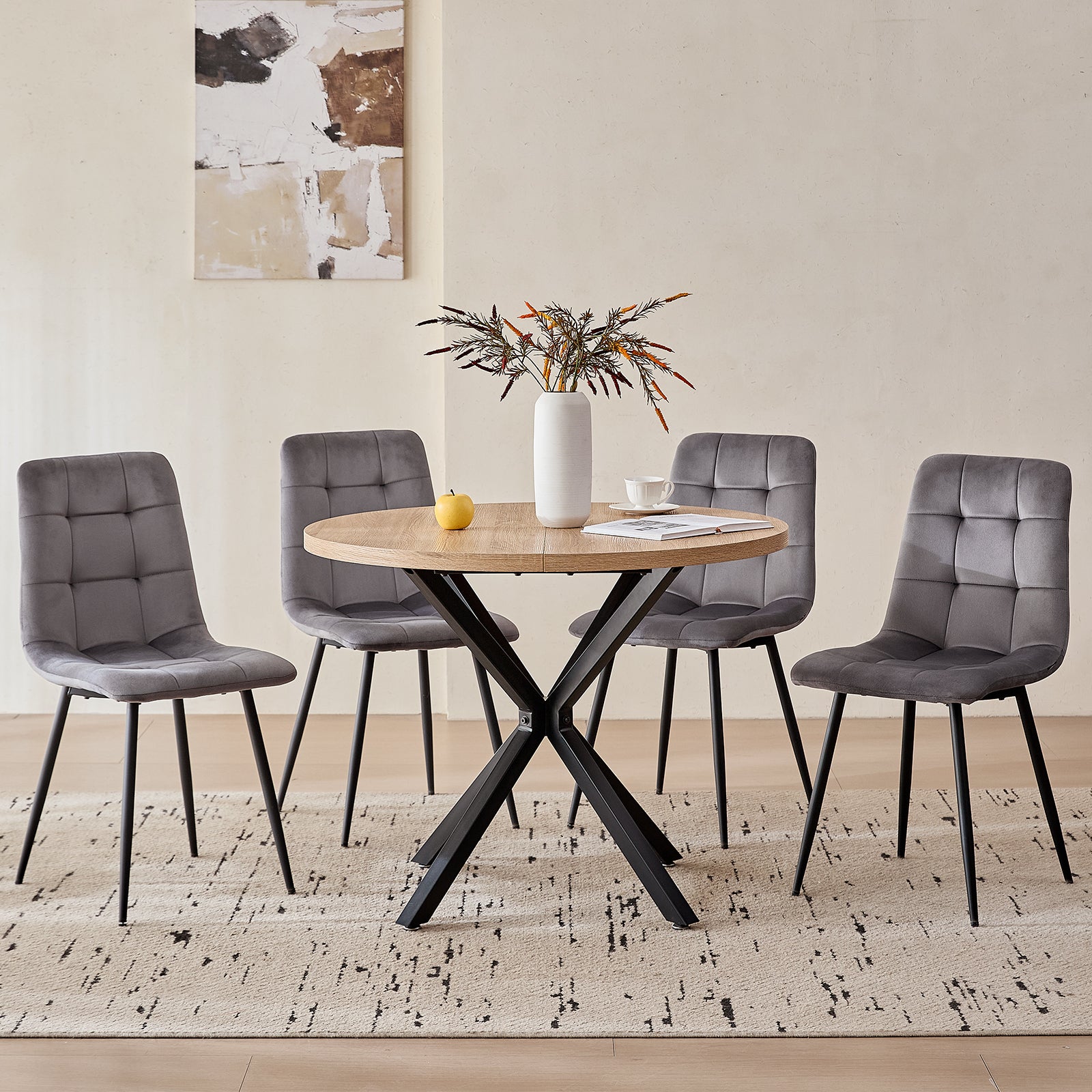 39" Round Dining Table Set for 4, Mid Century Kitchen Table with 4 Grey Velvet Upholstered Dining Chairs for Apartment Living Room Space Saving