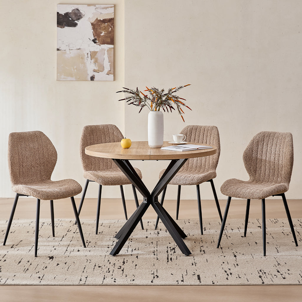 39" Round Dining Table Set for 4, Mid Century Kitchen Table with 4 Brown Upholstered Dining Chairs for Apartment Living Room Space Saving,Natural Table