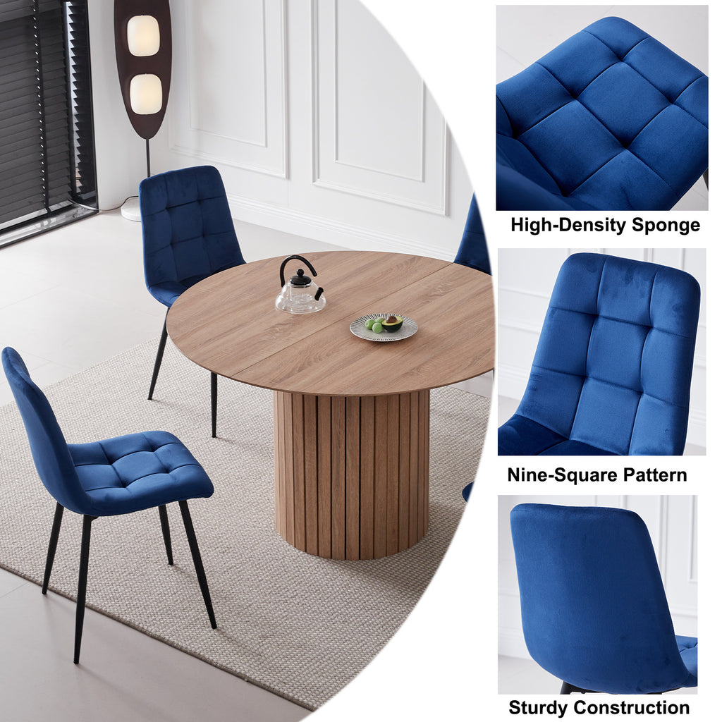 5 Piece Round Dining Table Set - Mid-Century 47 inch Oak Dining Table with 4 Blue Velvet Chairs Set, Dinner Table & Chair with Metal Legs for Kitchen Dining Room, Apartment, Bedroom