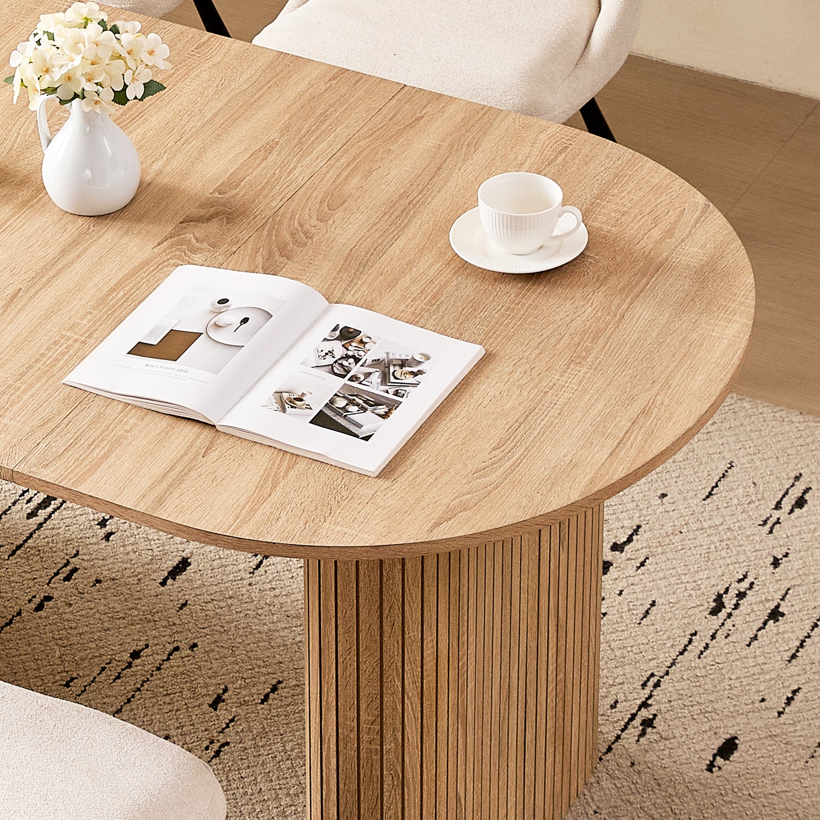 71" Natural Large Dining Table Set for 4 Modern Kitchen Table with Beige Boucle Upholstered Kitchen Chairs Set of 4