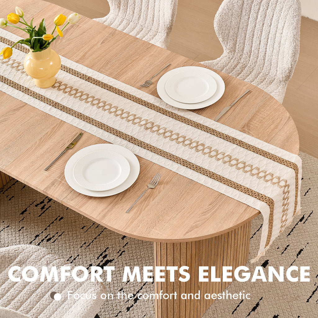 71" Large Dining Table Set for 4, Rounded Corners Farmhouse Modern Rectangle Wood Kitchen Table with Boucle Chairs Set of 4