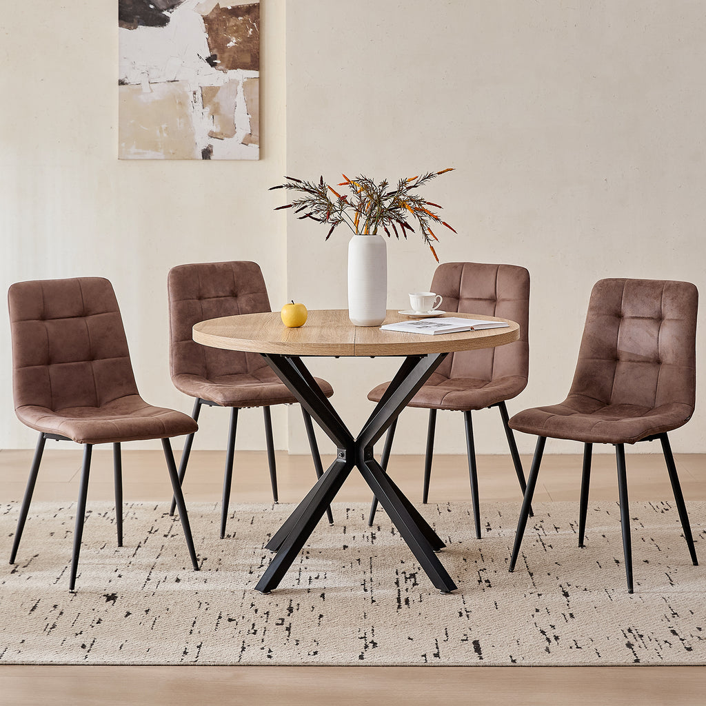 5 Pieces Round Dining Table Set - Mid-Century Oak Dining Table with 4 Brown Faux Leather Chairs Set, Coffee Table & Chairs with Black Metal Legs for Kitchen Dining Room, Apartment