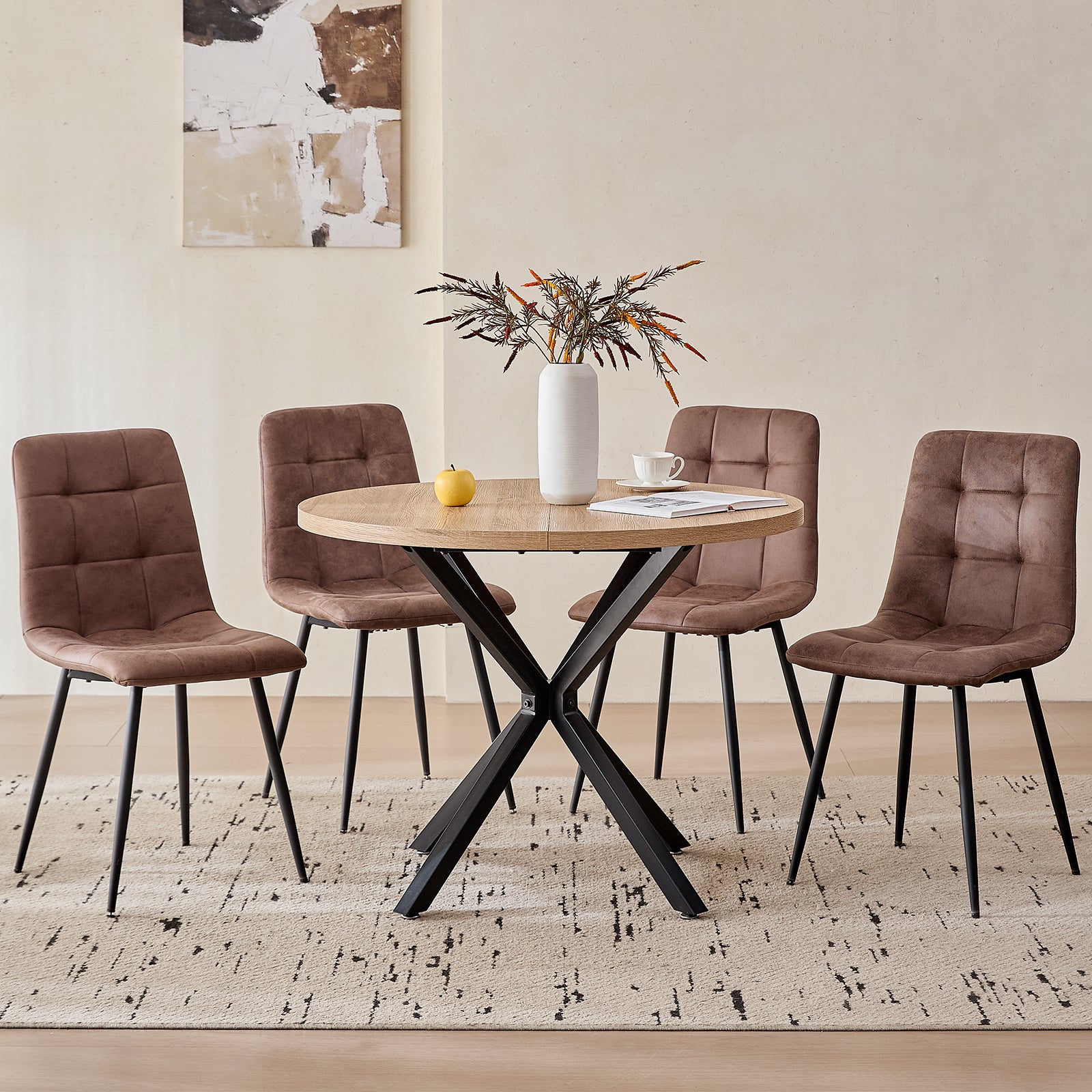 5 Pieces Round Dining Table Set - Mid-Century Oak Dining Table with 4 Brown Faux Leather Chairs Set, Coffee Table & Chairs with Black Metal Legs for Kitchen Dining Room, Apartment