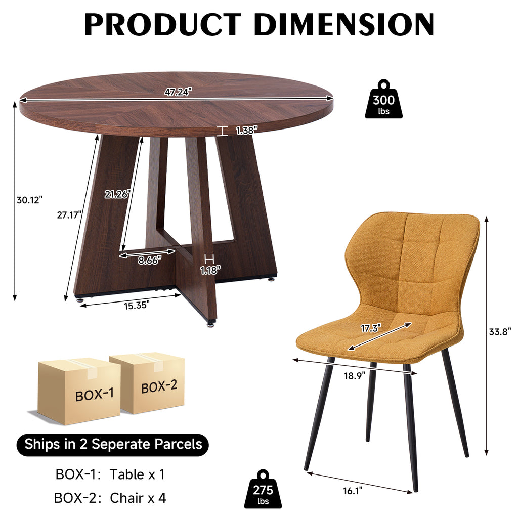 5 Piece 47'' Round Dining Table Chairs Set for 4, Farmhouse Walnut Kitchen Table and Chairs Mid Century Modern Wood Dining Table with 4 Water-Resistant Fabric Dining Chairs, Yellow