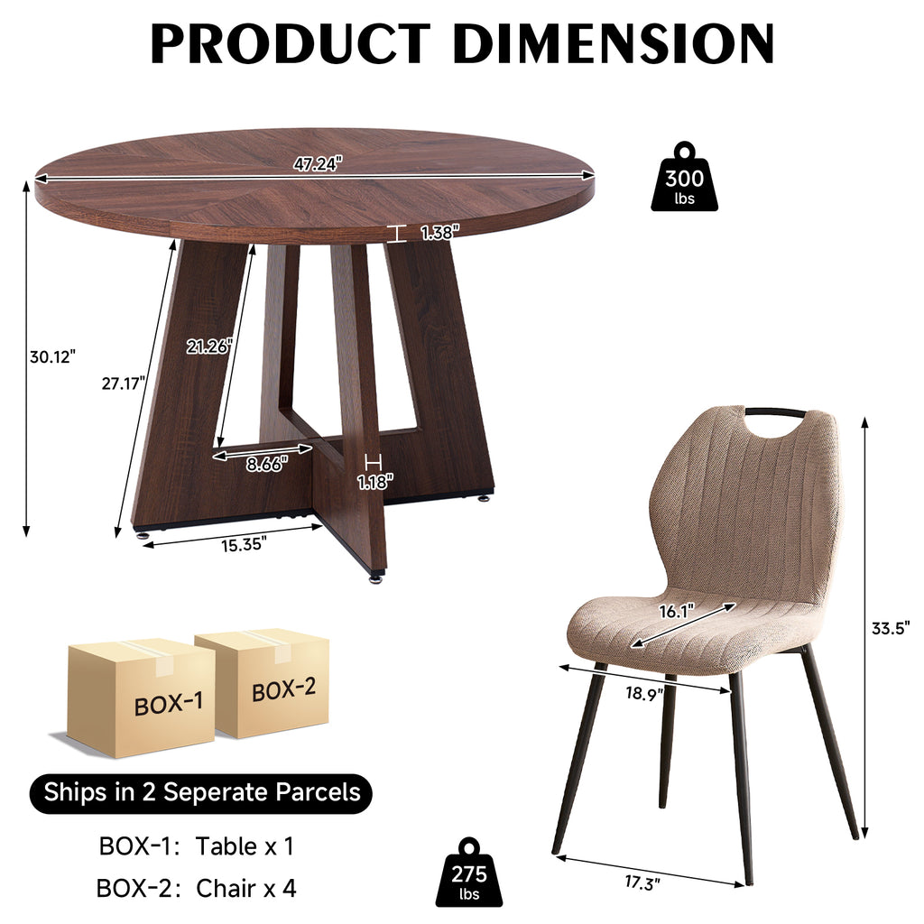 5 Piece 47'' Round Dining Table Chairs Set for 4, Farmhouse Walnut Kitchen Table with 4 Scandi Mid Century Modern Dinning Room Chairs, Wood Dinner Table &Upholstered Fabric Chairs Set of 4, Khaki