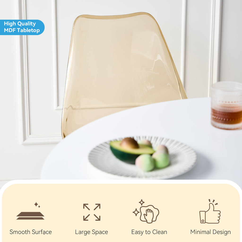5 Piece Round Dining Table Set for 4, 35.5" Kitchen Table with 4 Clear Brown Acrylic Chairs for Restaurant Bedroom Living Room, Space Saving White Table Chair Set of 4