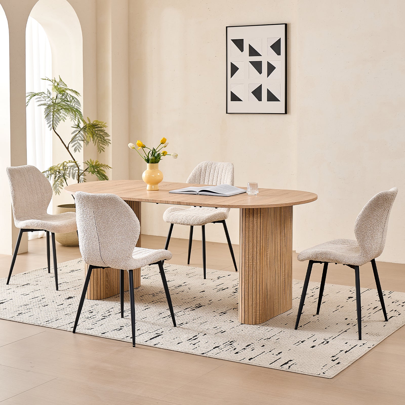 71" Large Dining Table Set for 4, Rounded Corners Farmhouse Modern Rectangle Wood Kitchen Table with Boucle Chairs Set of 4