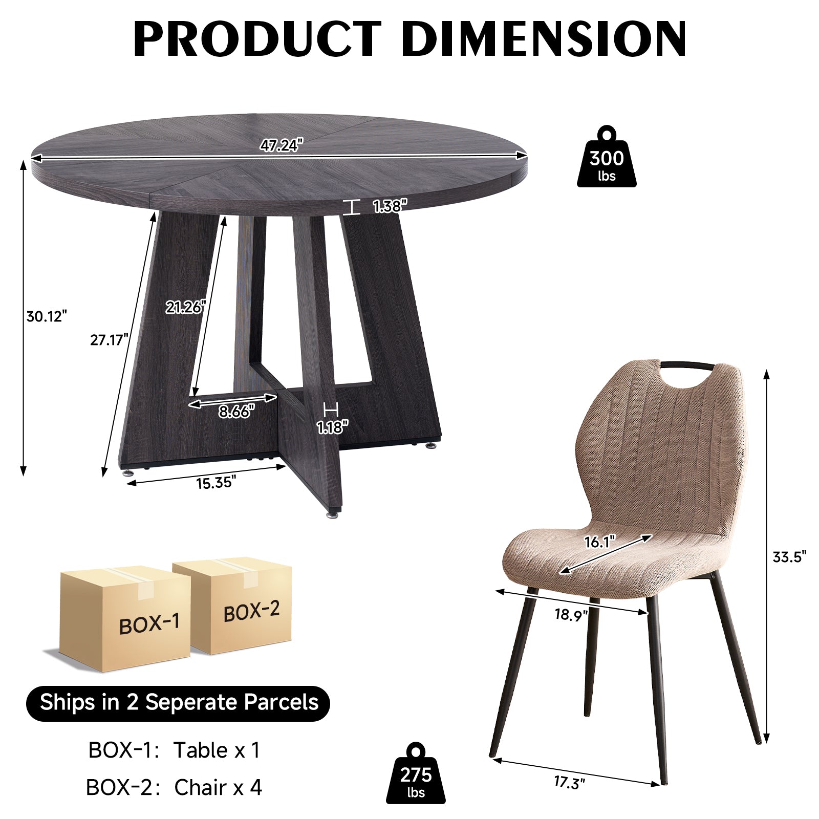 5 Piece 47'' Round Dining Table Chairs Set for 4, Farmhouse Kitchen Table with 4 Scandi Mid Century Modern Dinning Room Chairs, Wood Dinner Table &Upholstered Fabric Chairs Set of 4, Khaki