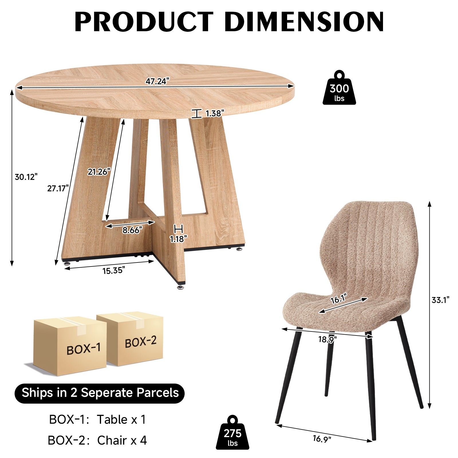 5 Piece 47'' Round Dining Table Chairs Set for 4, Farmhouse Oak Kitchen Table with 4 Boucle Mid Century Modern Dinning Room Chairs, Wood Dinner Table &Upholstered Chair Set of 4, Brown