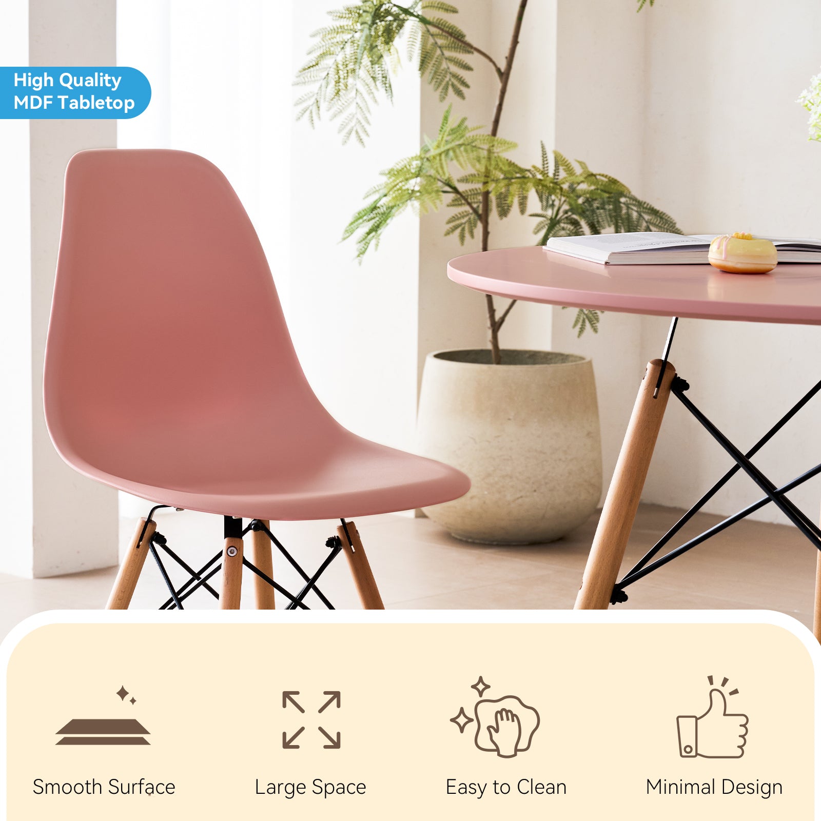 5-Piece 35.5'' Round Dining Table Set for 4, Kitchen Table Chair Set of 4, Mid-Century Modern Dinette Dining Room Table Set Dinner Table for 4 W/Solid Wood Legs, Pink