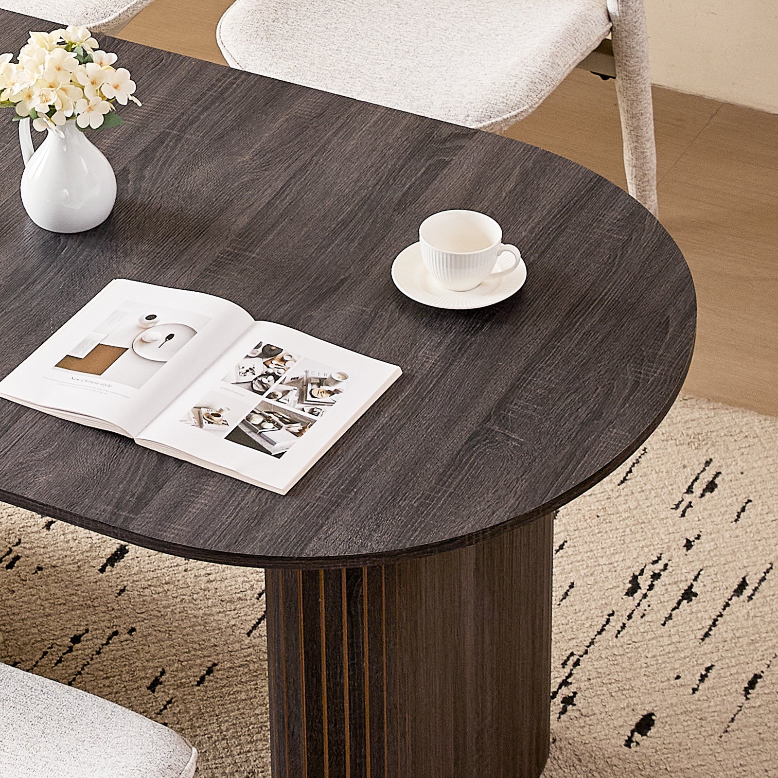 71" Black Large Dining Table Set for 4 Modern Kitchen Table with White Linen Upholstered Kitchen Chairs Set of 4