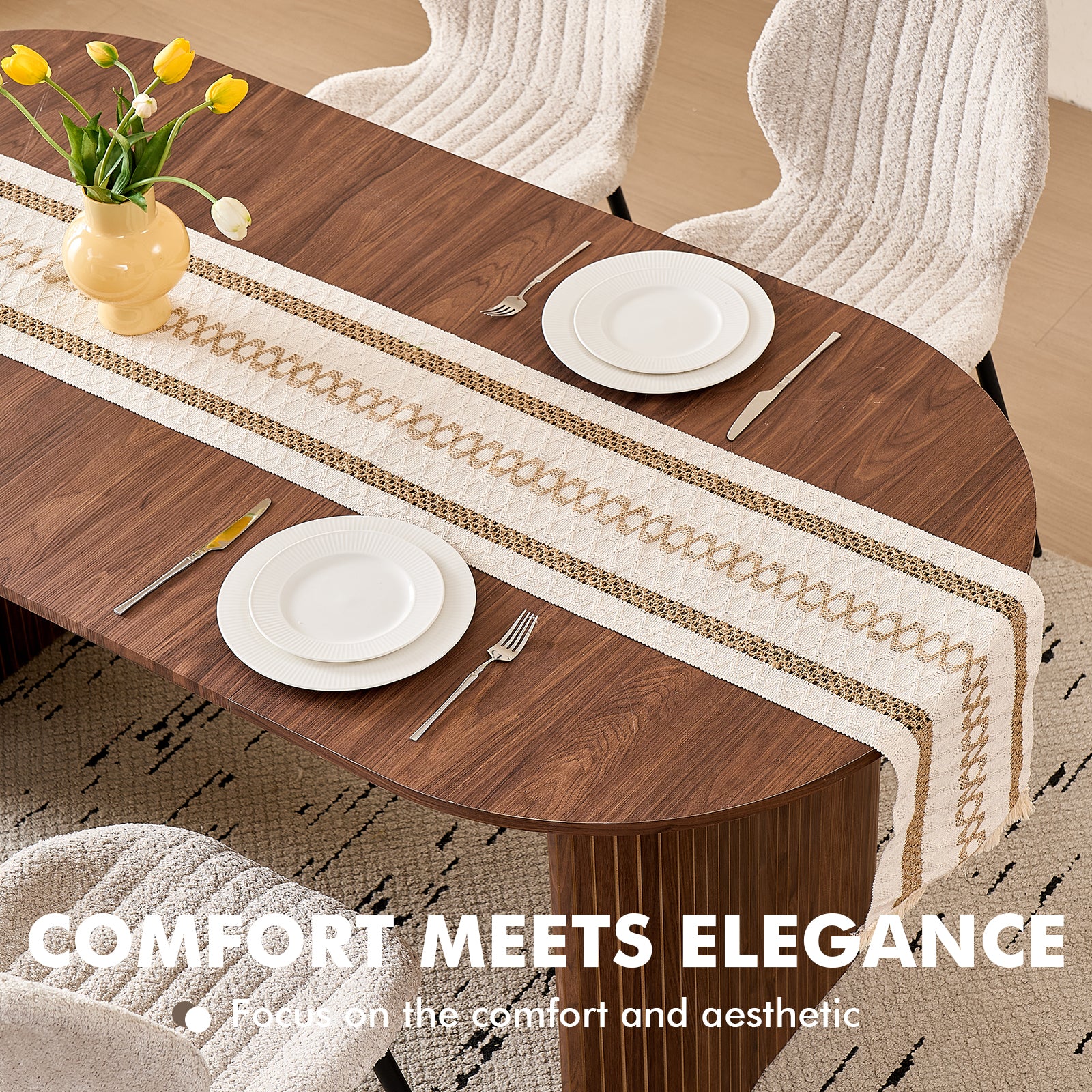 71" Large Dining Table Set for 4, Rounded Corners Farmhouse Modern Rectangle Wood Kitchen Table with Boucle Chairs Set of 4