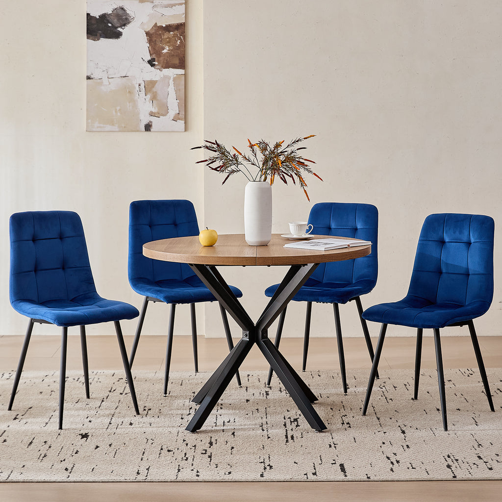 5 Piece Round Dining Table Chairs Set for 4 - Mid-Century Modern Brown Kitchen Table with 4 Blue Velvet Chairs, Coffee Table & Chair with Black Metal Legs for Dining Living Room, Apartment