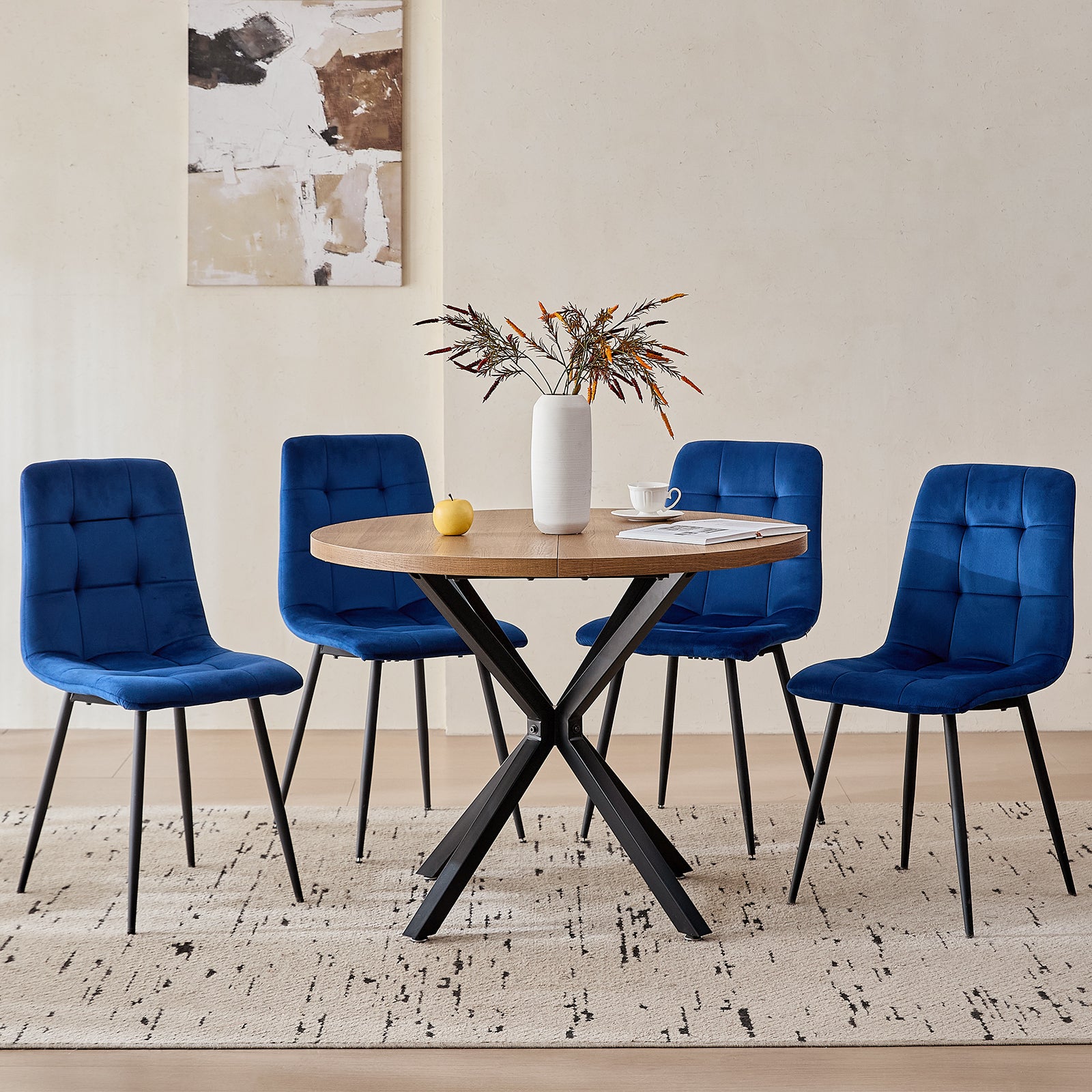 5 Piece Round Dining Table Chairs Set for 4 - Mid-Century Modern Brown Kitchen Table with 4 Blue Velvet Chairs, Coffee Table & Chair with Black Metal Legs for Dining Living Room, Apartment