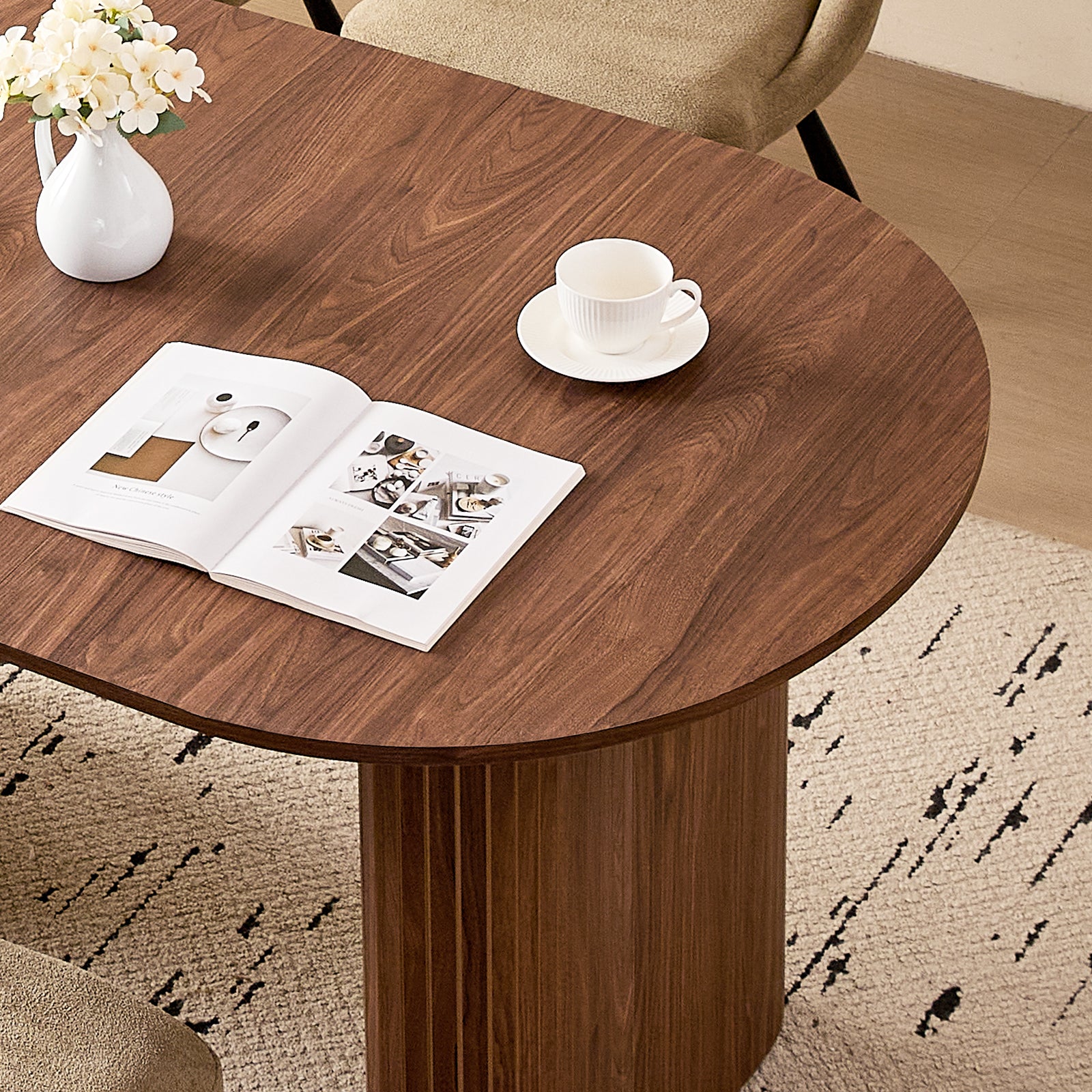 71" Brown Large Dining Table Set for 4 Modern Kitchen Table with Brown Boucle Upholstered Kitchen Chairs Set of 4